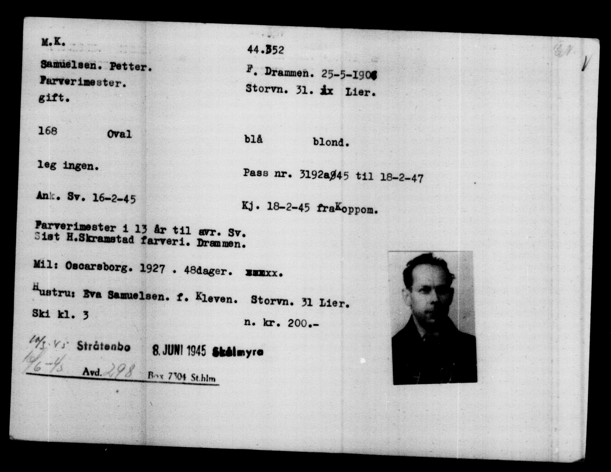 Utenriksstasjonene, Legasjonen i Stockholm, Flyktningkontoret, AV/RA-S-6753/V/Va/L0017: Kjesäterkartoteket, flyktninger med registreringsnr. 43400-46318, 1940-1945, s. 998