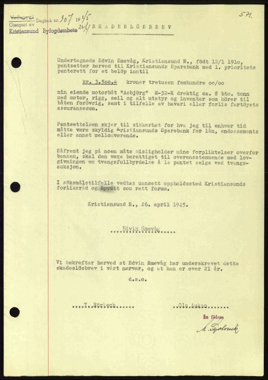 Kristiansund byfogd, AV/SAT-A-4587/A/27: Pantebok nr. 37-38, 1943-1945, Dagboknr: 307/1945