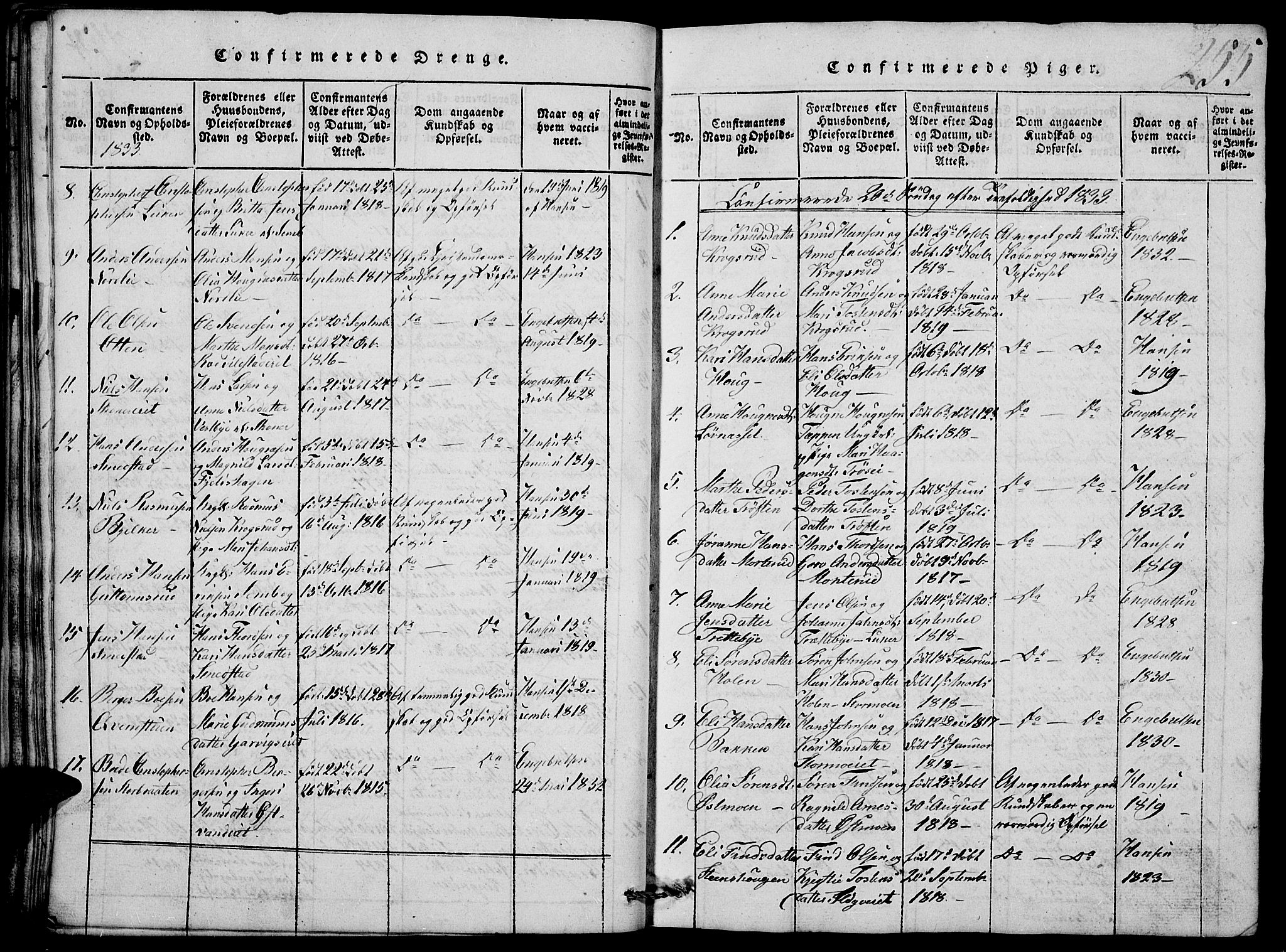 Nord-Odal prestekontor, AV/SAH-PREST-032/H/Ha/Hab/L0001: Klokkerbok nr. 1, 1819-1838, s. 255