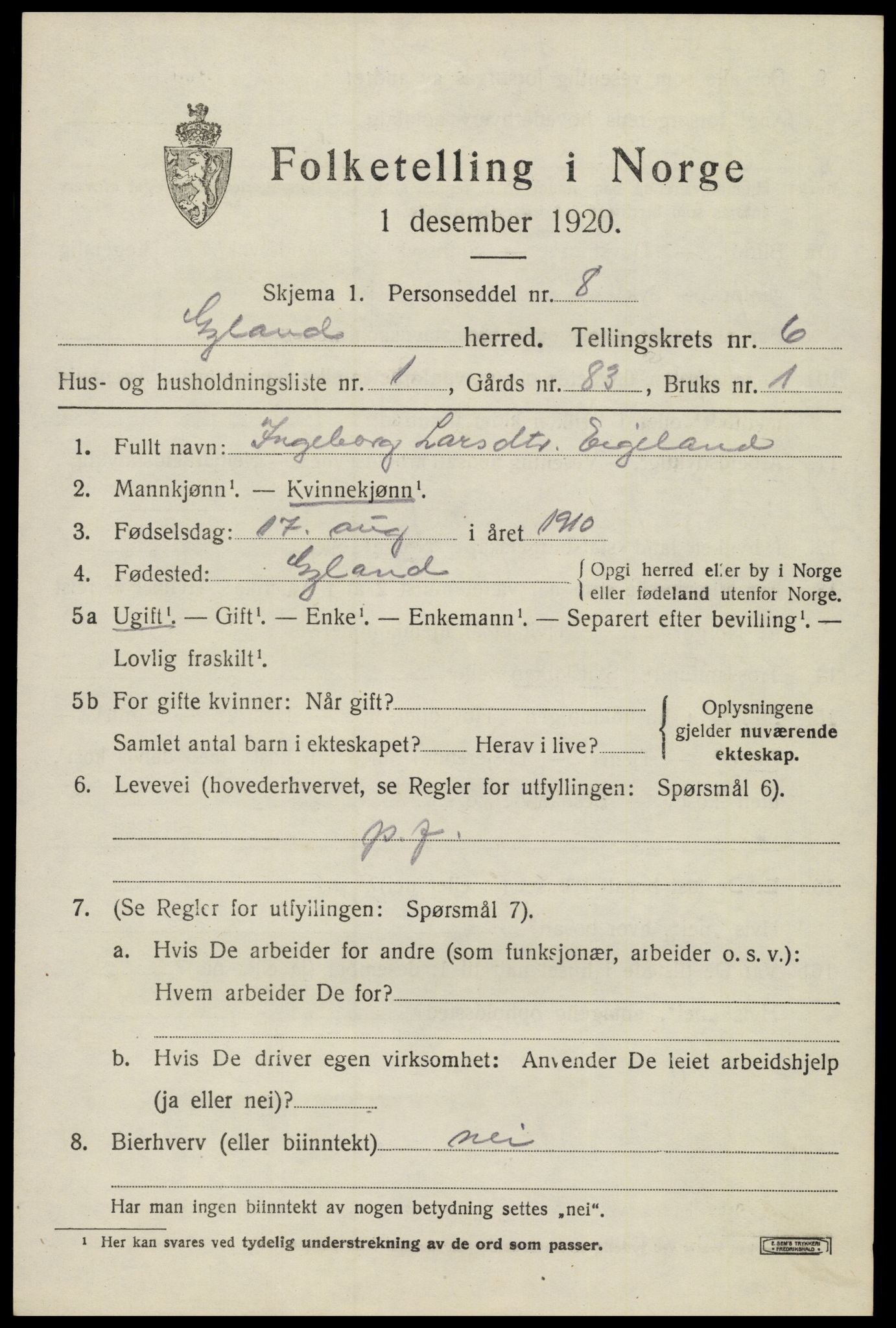 SAK, Folketelling 1920 for 1044 Gyland herred, 1920, s. 1334