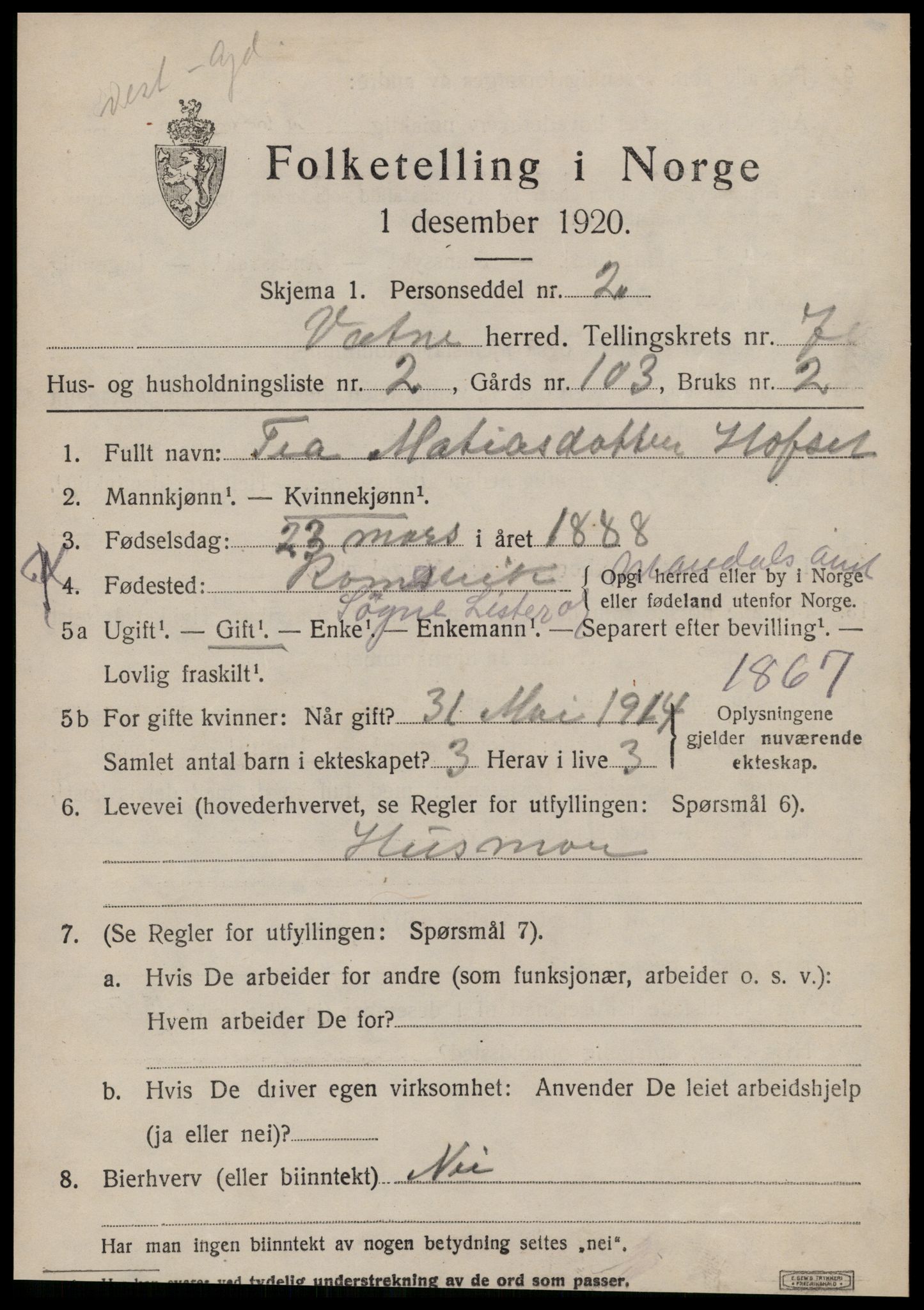 SAT, Folketelling 1920 for 1530 Vatne herred, 1920, s. 3138