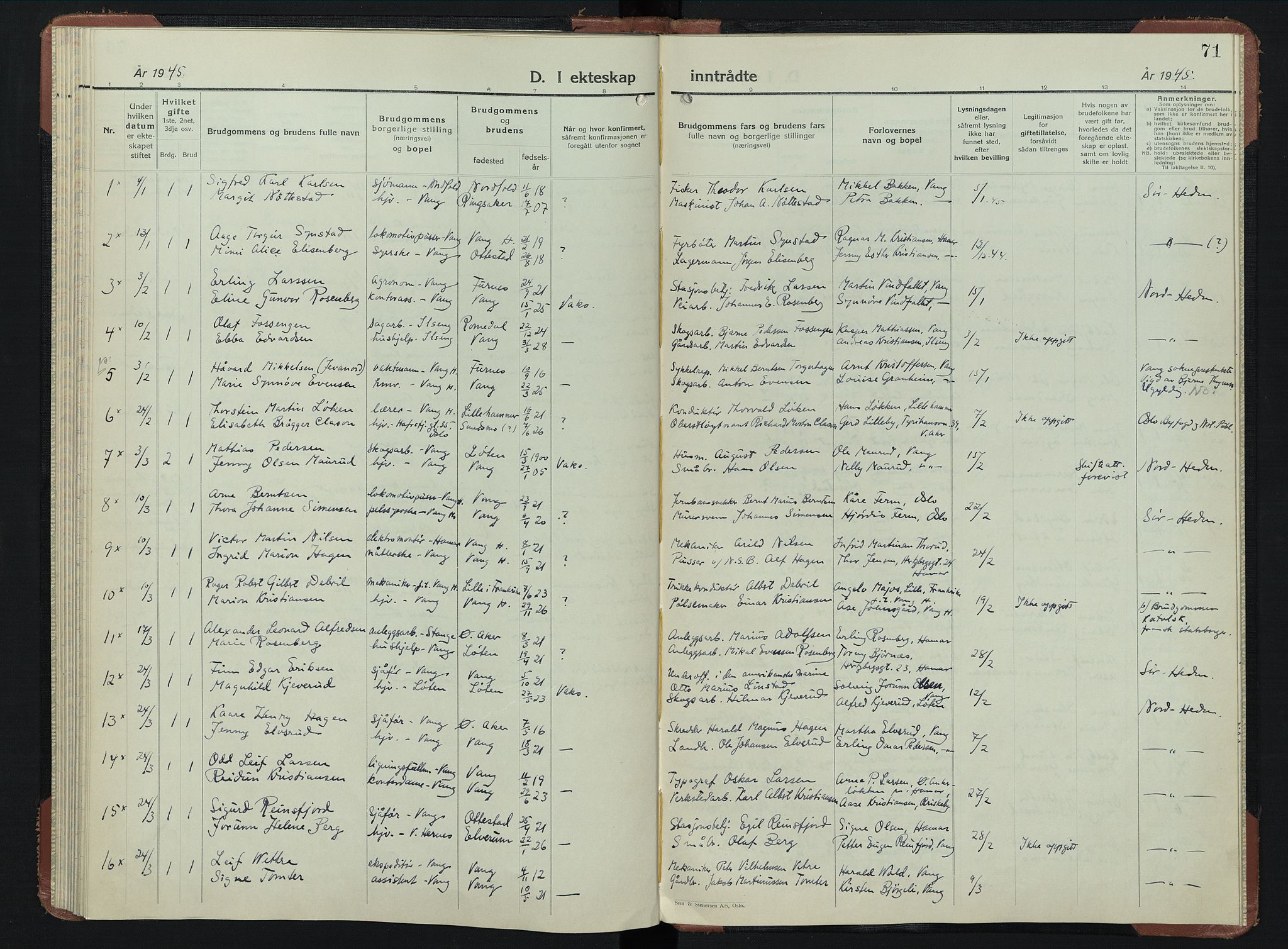 Vang prestekontor, Hedmark, SAH/PREST-008/H/Ha/Hab/L0019: Klokkerbok nr. 19, 1940-1953, s. 71