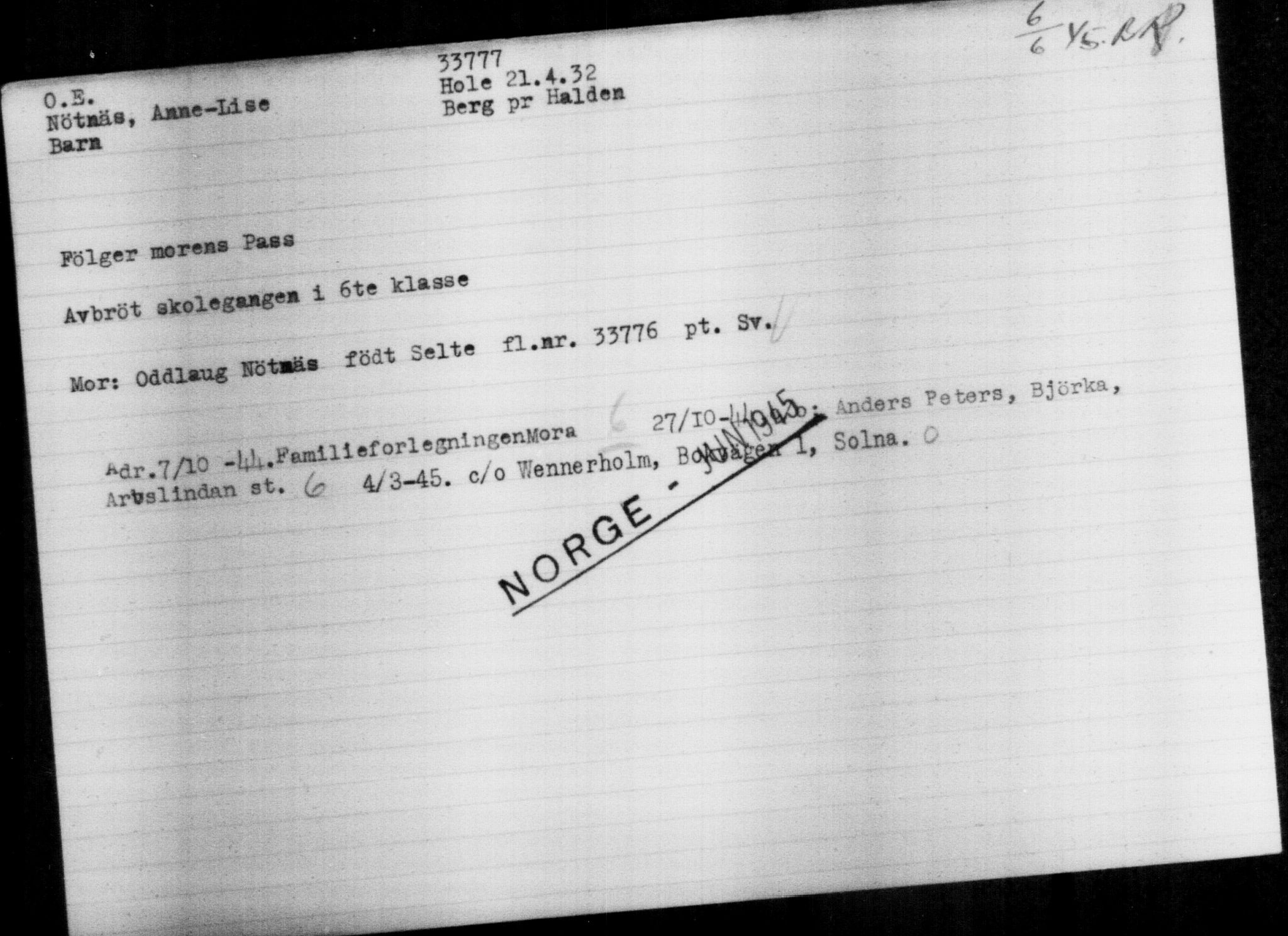 Utenriksstasjonene, Legasjonen i Stockholm, Flyktningkontoret, AV/RA-S-6753/V/Va/L0013: Kjesäterkartoteket, flyktninger med registreringsnr. 31500-34731, 1940-1945, s. 2403