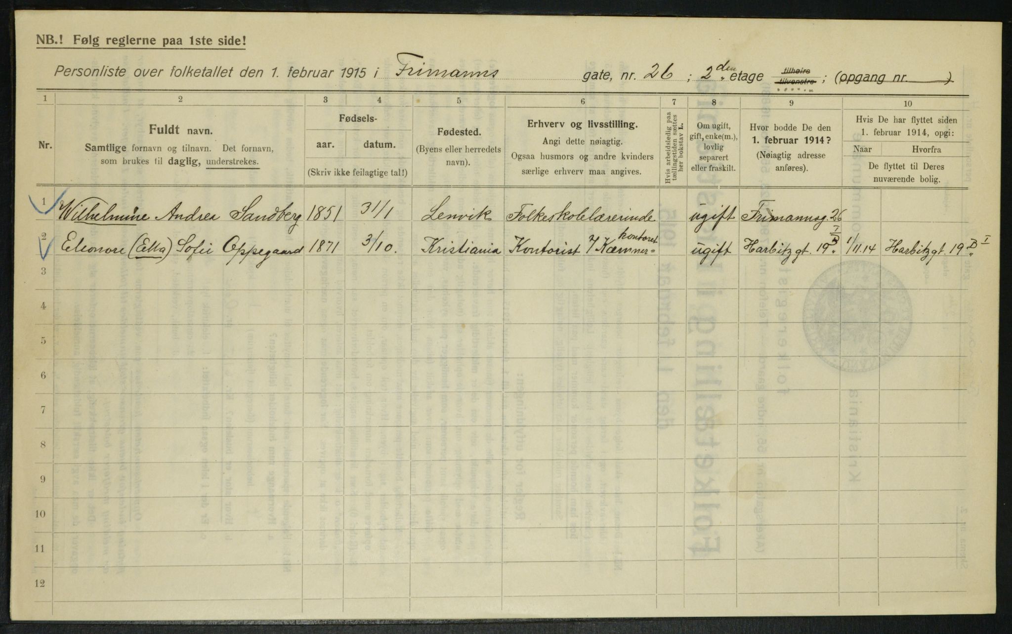 OBA, Kommunal folketelling 1.2.1915 for Kristiania, 1915, s. 26716