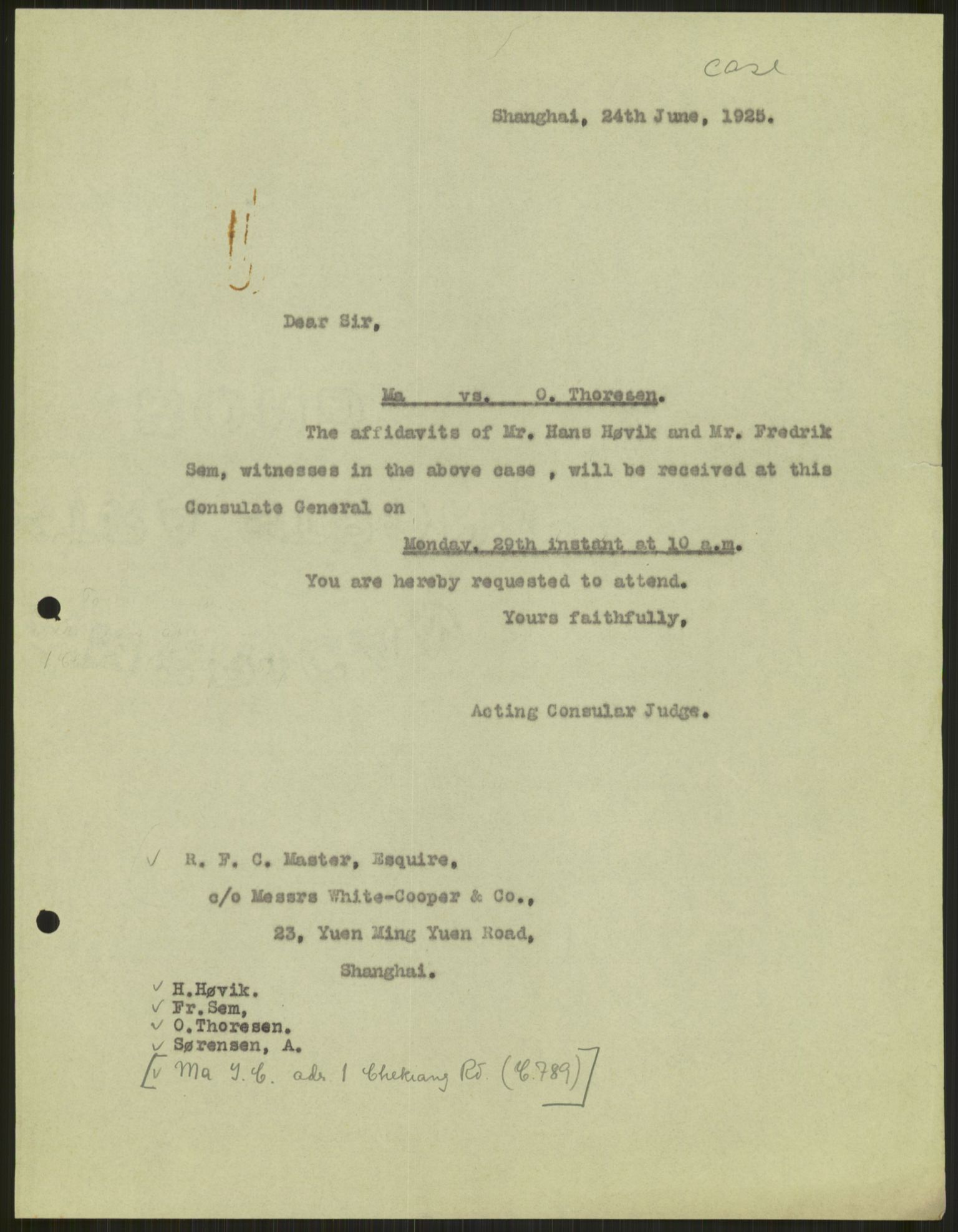 Utenriksstasjonene, Generalkonsulatet i Shanghai, Kina, AV/RA-S-2611/D/Db/L0235/0004: -- / Lov-07/22, 101/23 J.C. Ma mot O. Thoresen., 1925