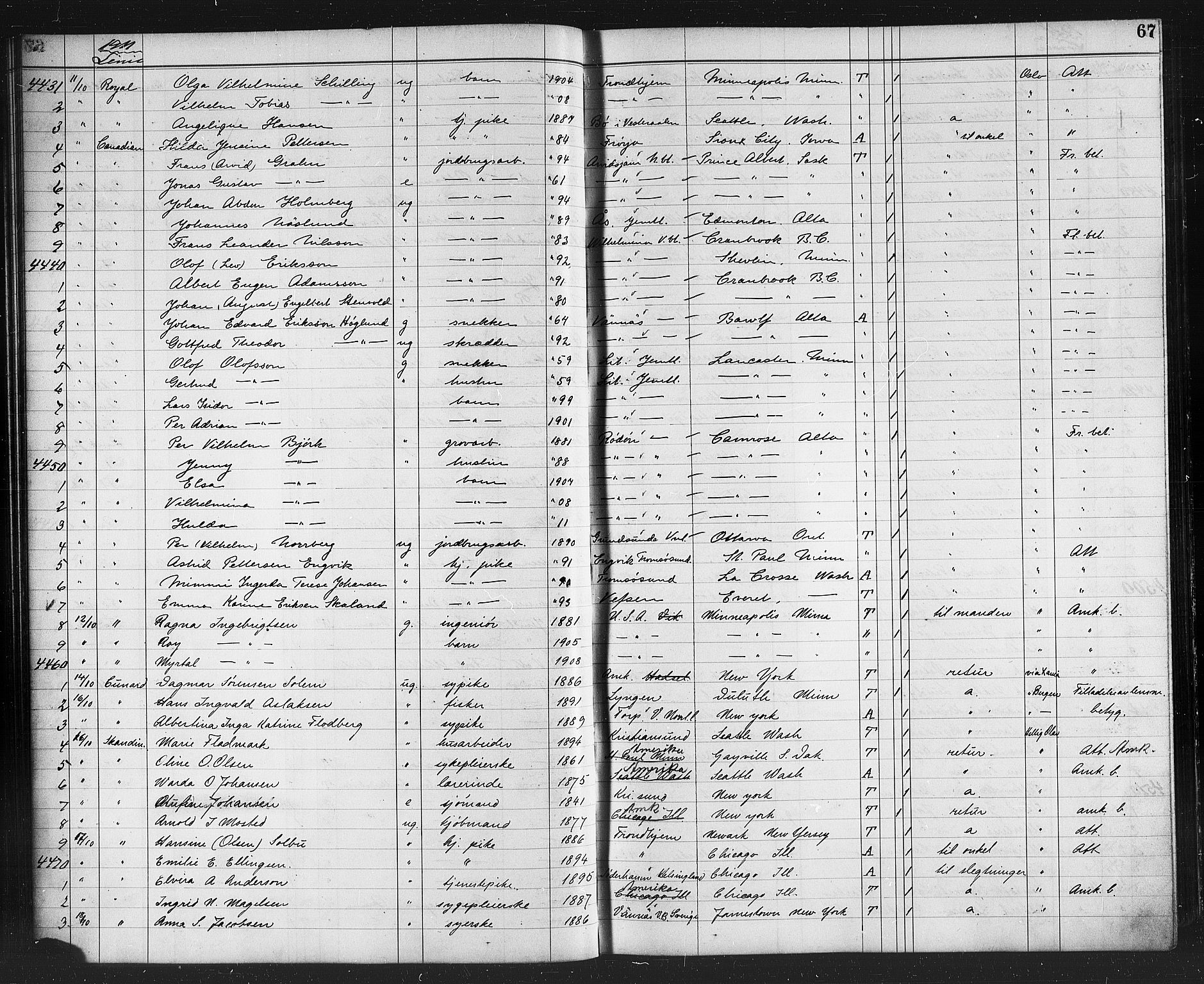 Trondheim politikammer, AV/SAT-A-1887/1/32/L0015: Emigrantprotokoll XIV, 1911-1916, s. 67