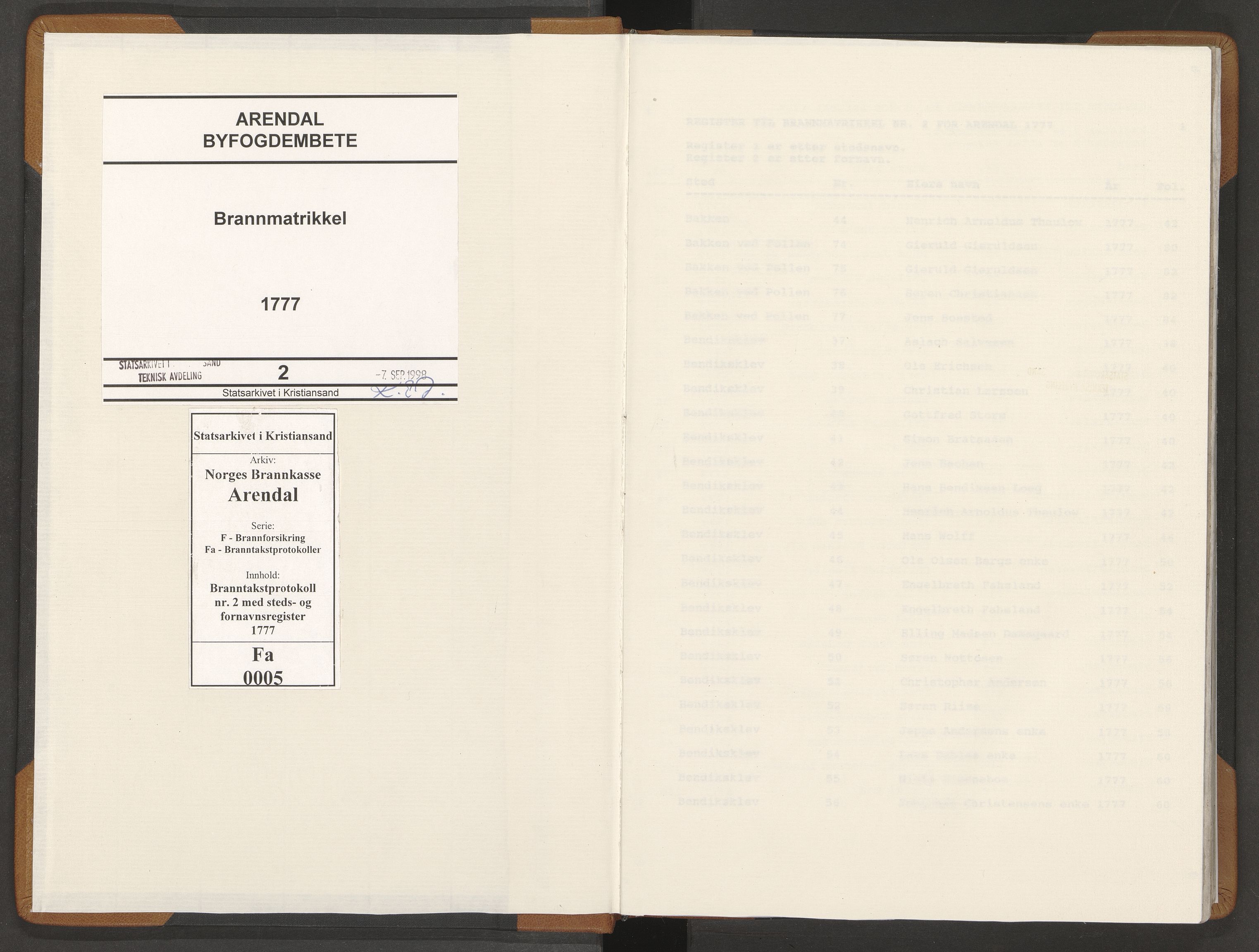 Norges Brannkasse Arendal, SAK/2241-0002/F/Fa/L0005: Branntakstprotokoll nr. 2 med steds- og fornavnsregister, 1777