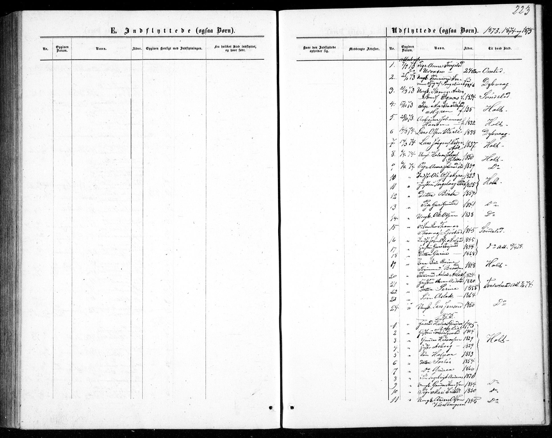 Gjerstad sokneprestkontor, AV/SAK-1111-0014/F/Fb/Fbb/L0003: Klokkerbok nr. B 3, 1862-1889, s. 223