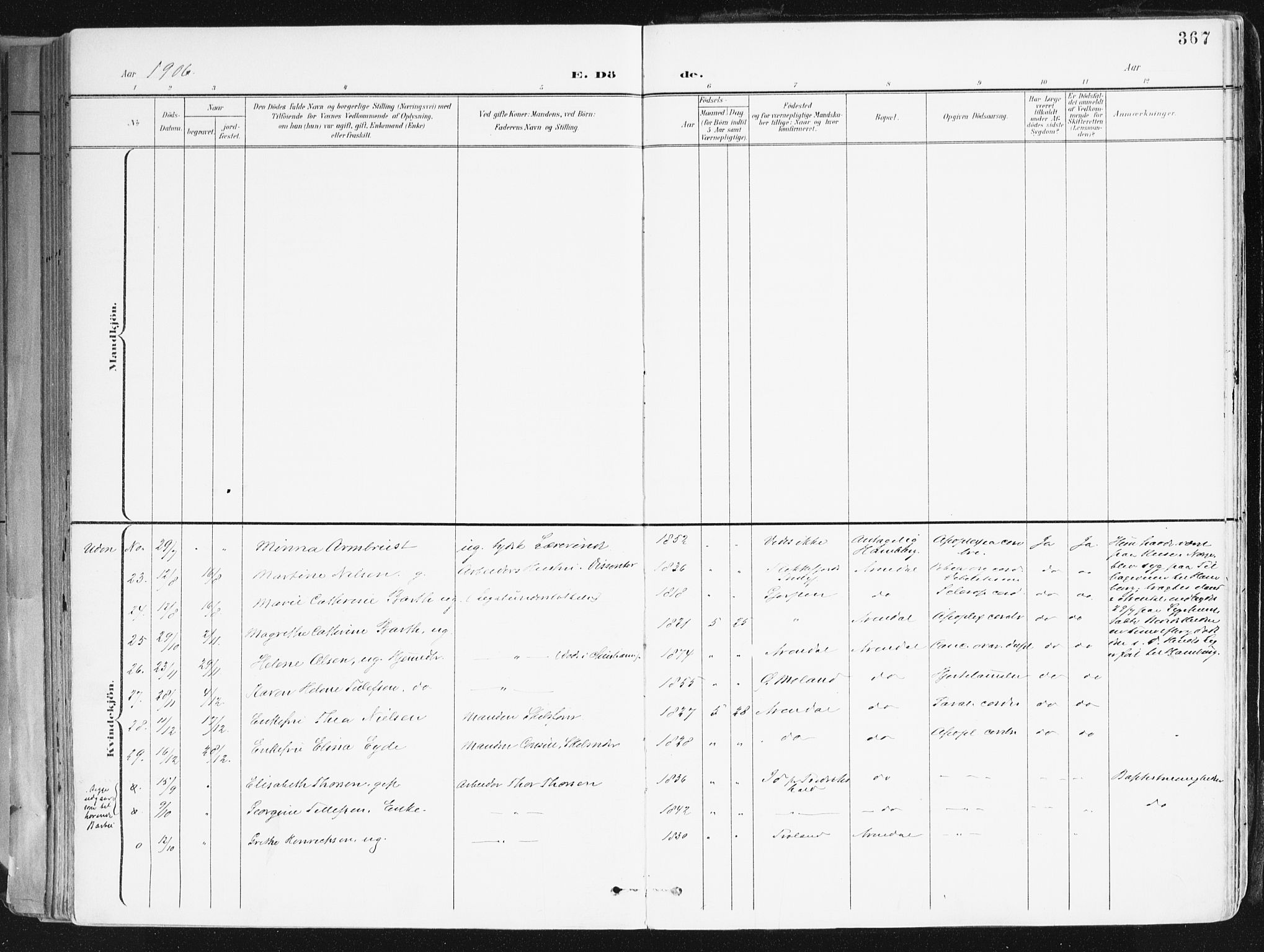 Arendal sokneprestkontor, Trefoldighet, SAK/1111-0040/F/Fa/L0010: Ministerialbok nr. A 10, 1900-1919, s. 367