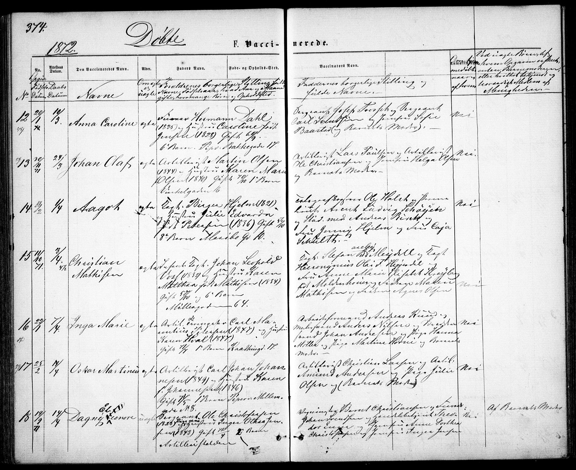 Garnisonsmenigheten Kirkebøker, AV/SAO-A-10846/G/Ga/L0006: Klokkerbok nr. 6, 1860-1880, s. 374