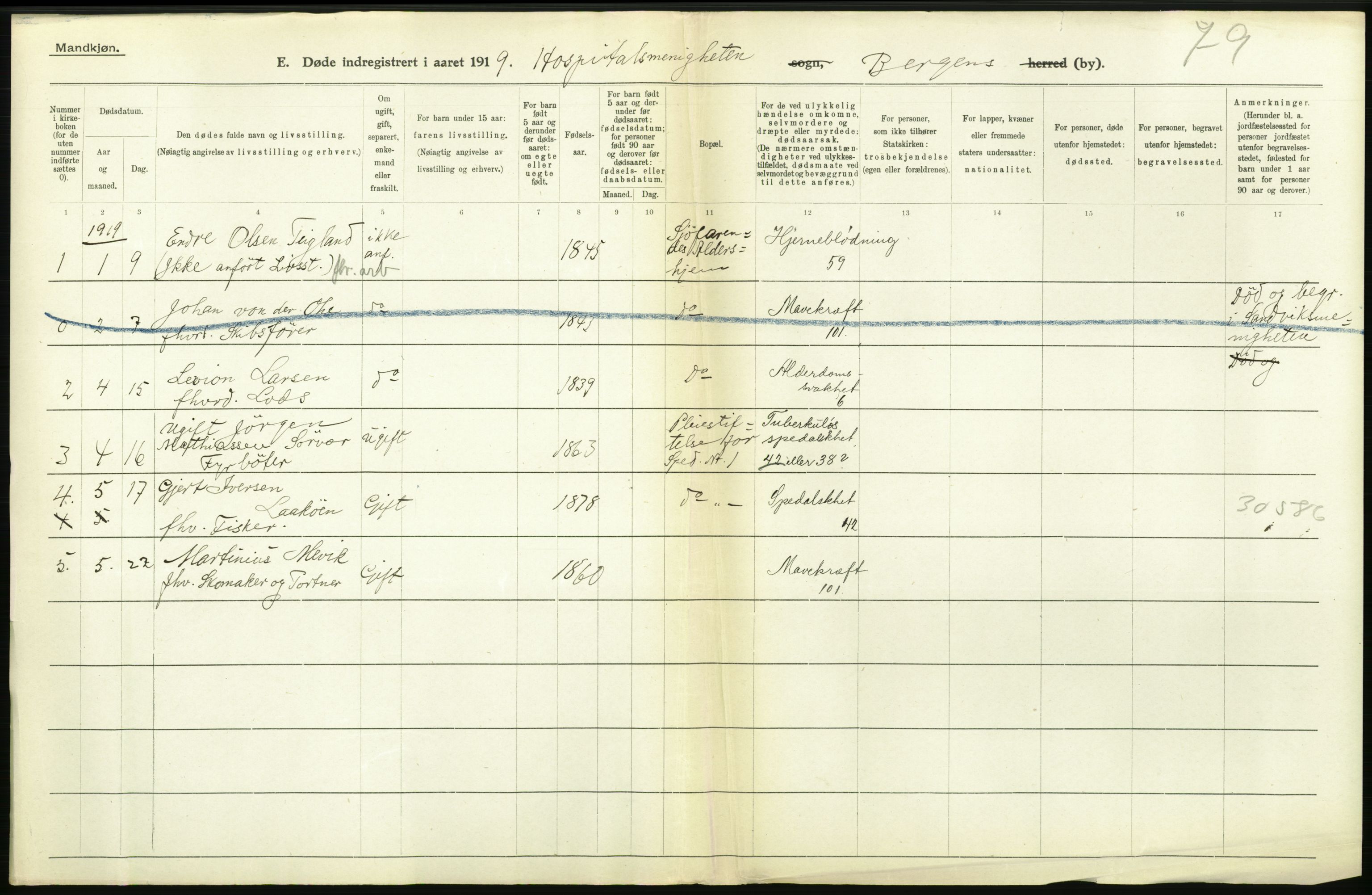 Statistisk sentralbyrå, Sosiodemografiske emner, Befolkning, RA/S-2228/D/Df/Dfb/Dfbi/L0035: Bergen: Gifte, døde, dødfødte., 1919, s. 410