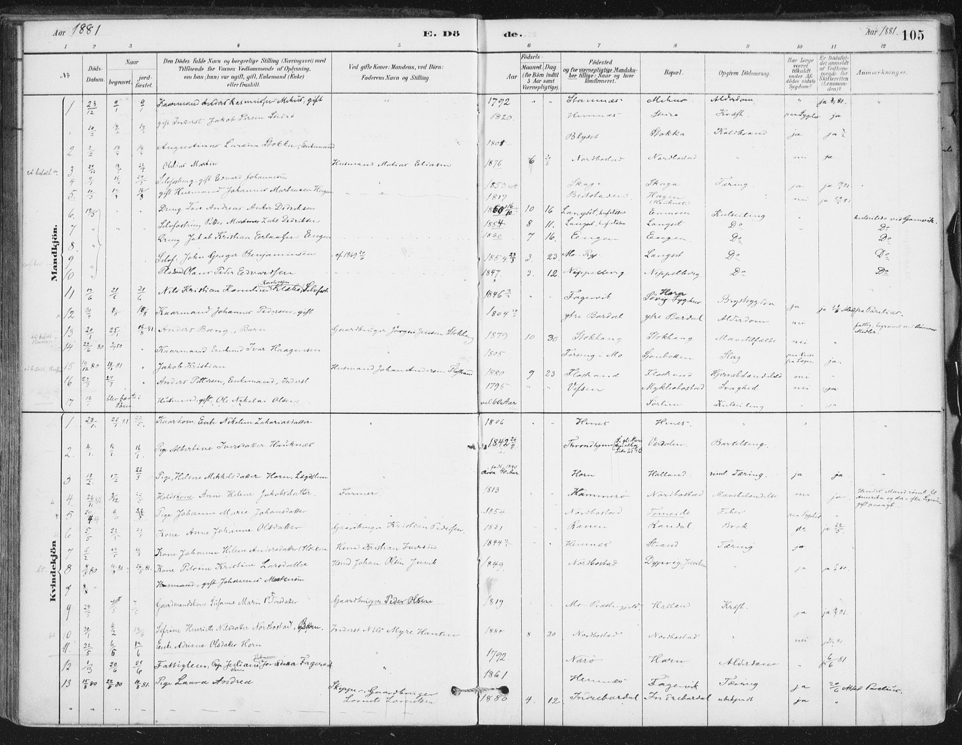 Ministerialprotokoller, klokkerbøker og fødselsregistre - Nordland, SAT/A-1459/838/L0553: Ministerialbok nr. 838A11, 1880-1910, s. 105