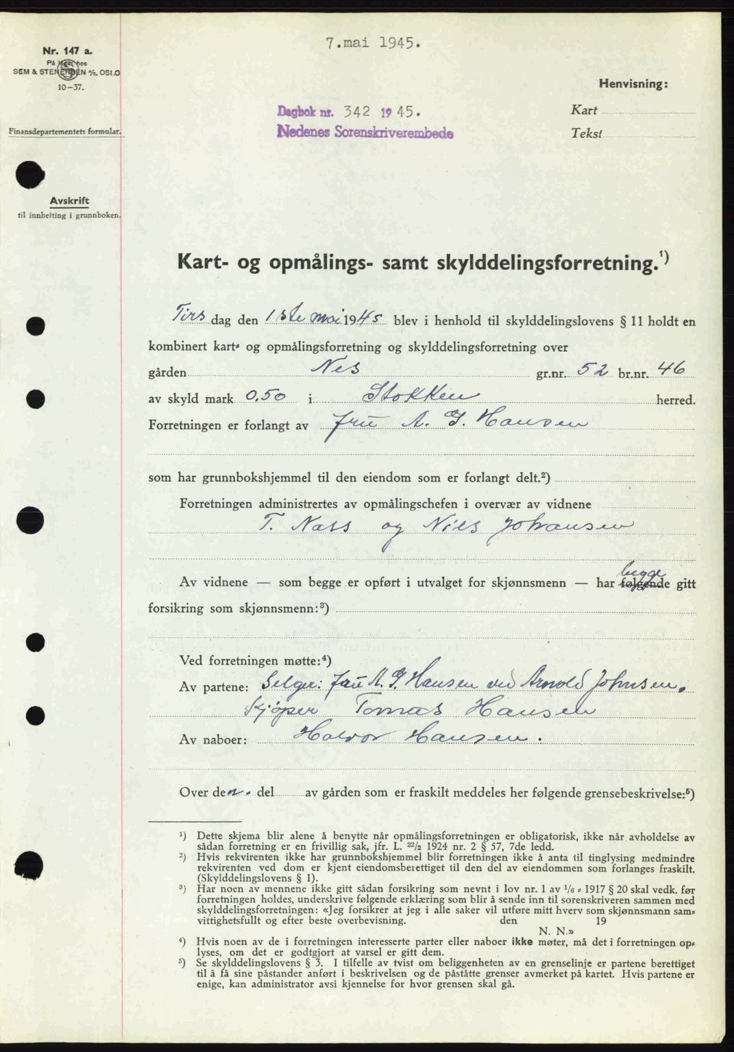 Nedenes sorenskriveri, SAK/1221-0006/G/Gb/Gba/L0052: Pantebok nr. A6a, 1944-1945, Dagboknr: 342/1945