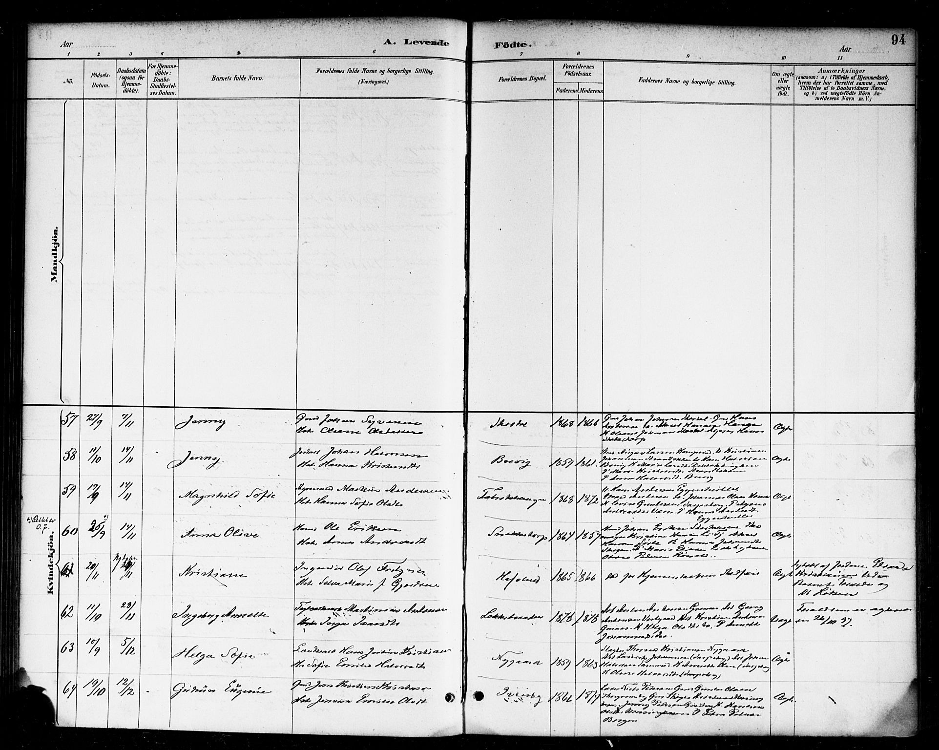 Skjeberg prestekontor Kirkebøker, AV/SAO-A-10923/F/Fa/L0009: Ministerialbok nr. I 9, 1886-1897, s. 94