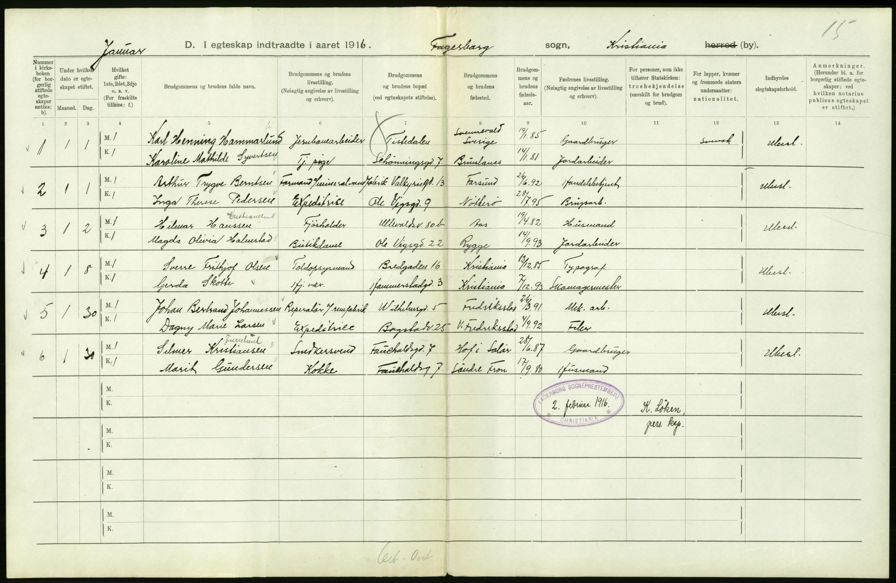 Statistisk sentralbyrå, Sosiodemografiske emner, Befolkning, RA/S-2228/D/Df/Dfb/Dfbf/L0008: Kristiania: Gifte, 1916, s. 182