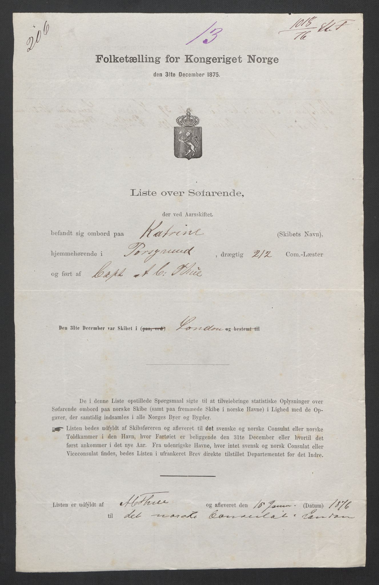 RA, Folketelling 1875, skipslister: Skip i utenrikske havner, hjemmehørende i byer og ladesteder, Fredrikshald - Arendal, 1875, s. 821