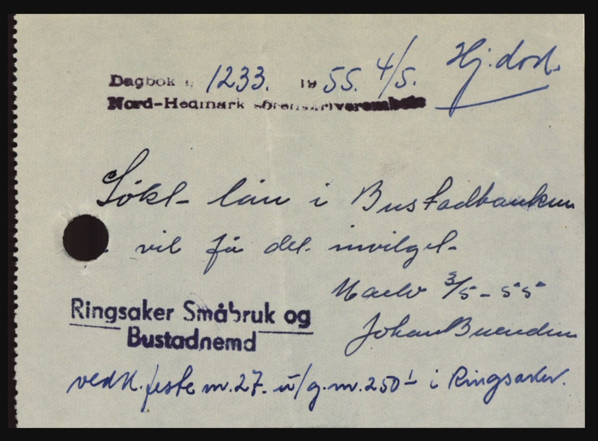 Nord-Hedmark sorenskriveri, SAH/TING-012/H/Hc/L0010: Pantebok nr. 10, 1955-1956, Dagboknr: 1233/1955