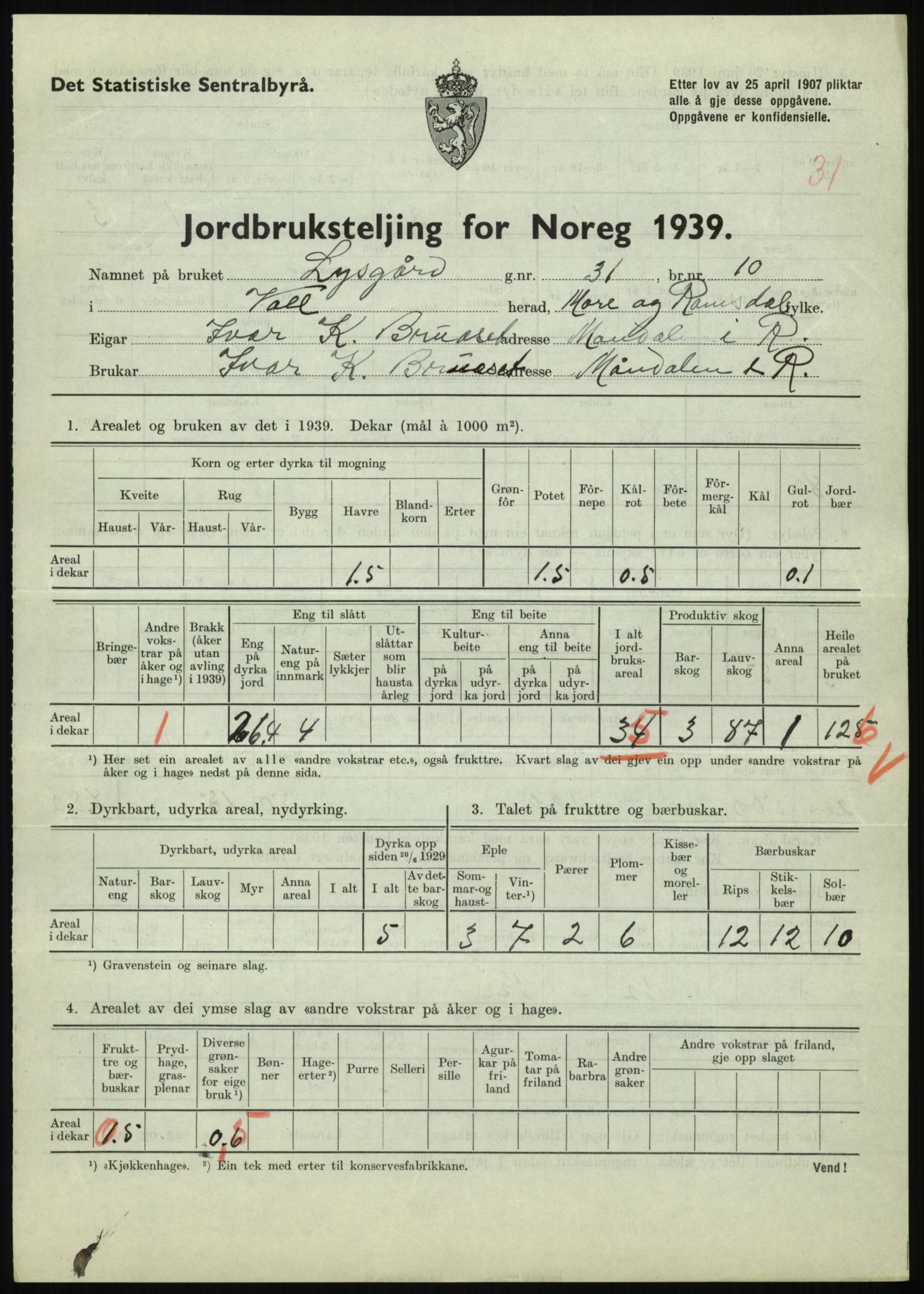 Statistisk sentralbyrå, Næringsøkonomiske emner, Jordbruk, skogbruk, jakt, fiske og fangst, AV/RA-S-2234/G/Gb/L0251: Møre og Romsdal: Voll, Eid, Grytten og Hen, 1939, s. 153