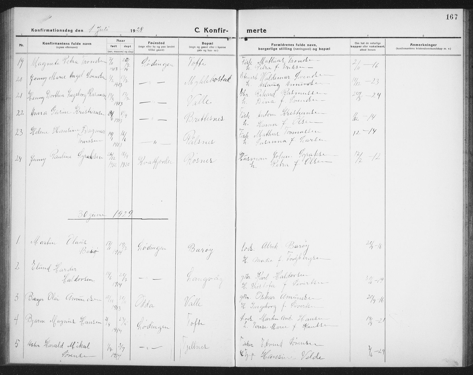 Ministerialprotokoller, klokkerbøker og fødselsregistre - Nordland, SAT/A-1459/872/L1049: Klokkerbok nr. 872C05, 1920-1938, s. 167