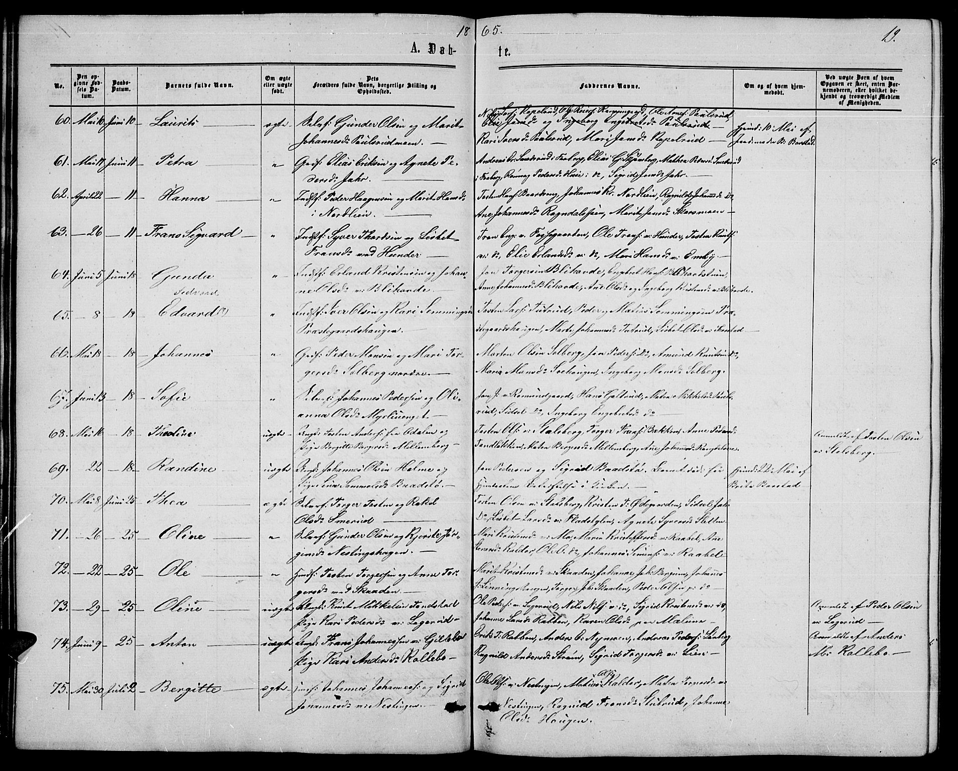 Øyer prestekontor, AV/SAH-PREST-084/H/Ha/Hab/L0001: Klokkerbok nr. 1, 1863-1877, s. 19