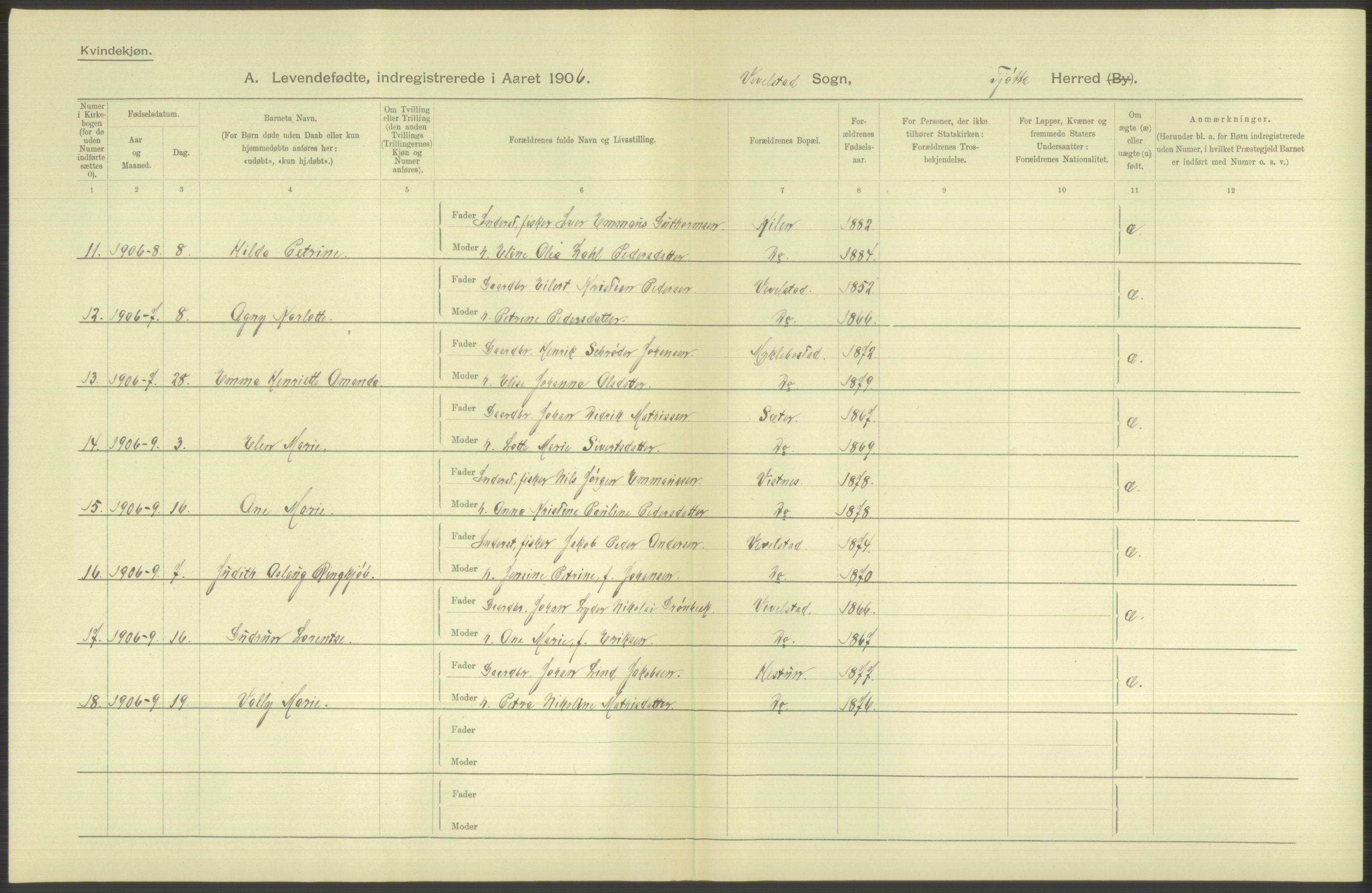 Statistisk sentralbyrå, Sosiodemografiske emner, Befolkning, AV/RA-S-2228/D/Df/Dfa/Dfad/L0043: Nordlands amt: Levendefødte menn og kvinner. Bygder., 1906, s. 24