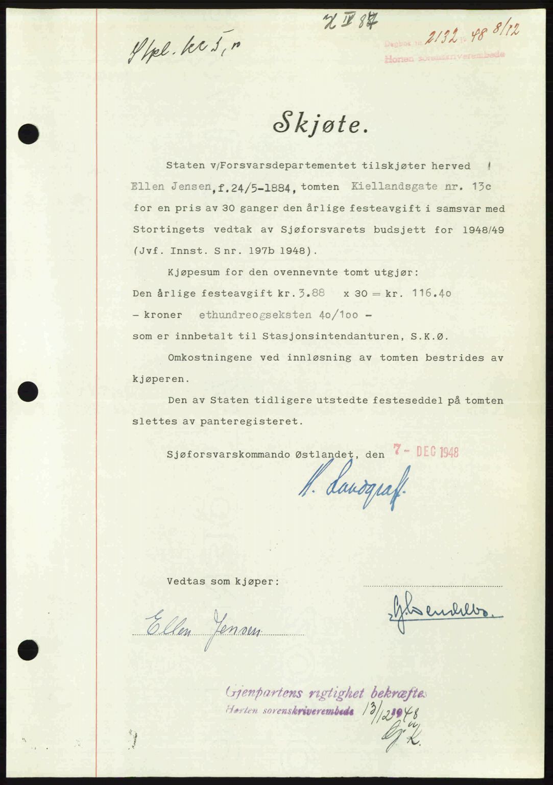 Horten sorenskriveri, SAKO/A-133/G/Ga/Gaa/L0011: Pantebok nr. A-11, 1948-1948, Dagboknr: 2132/1948