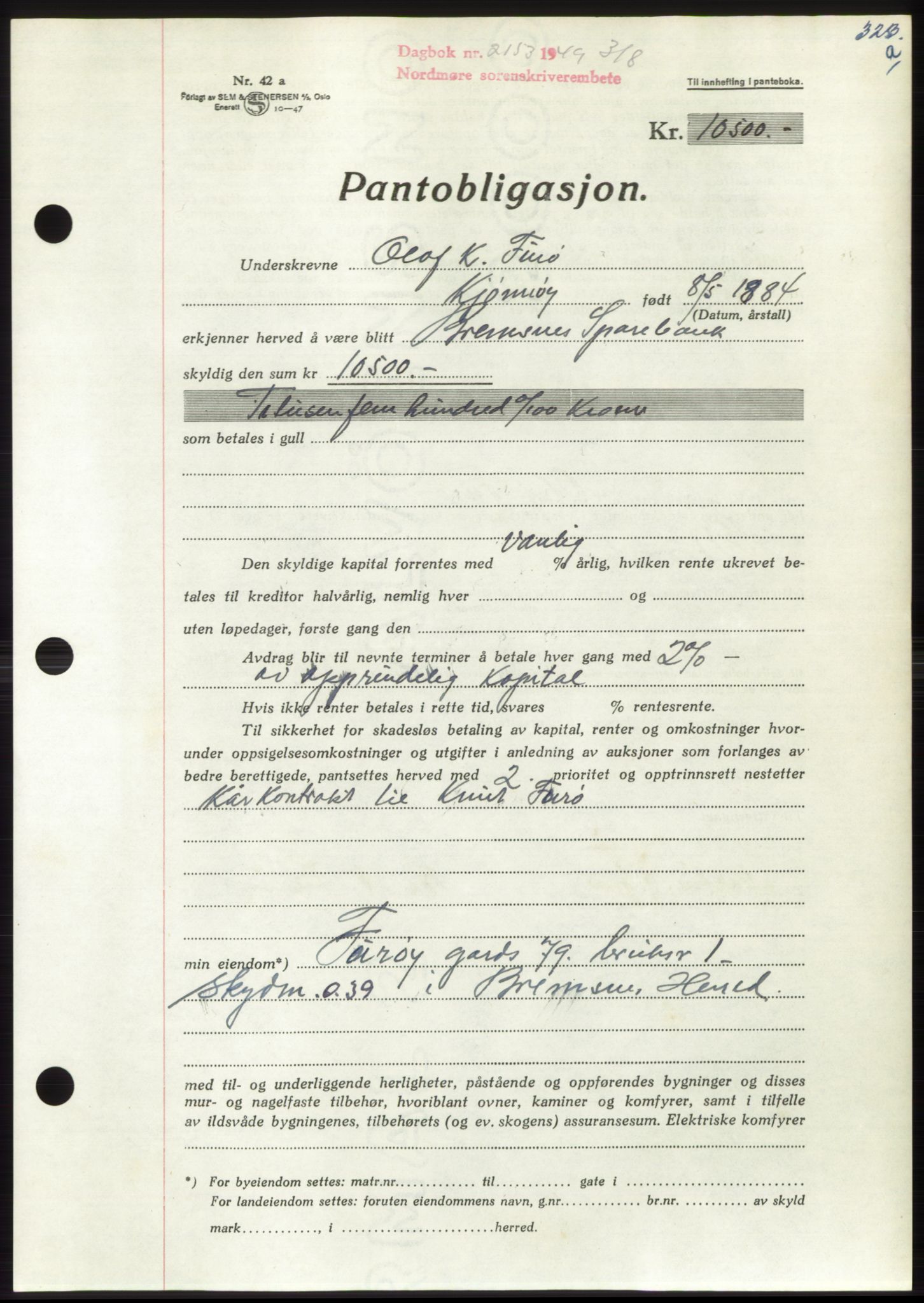 Nordmøre sorenskriveri, SAT/A-4132/1/2/2Ca: Pantebok nr. B102, 1949-1949, Dagboknr: 2153/1949