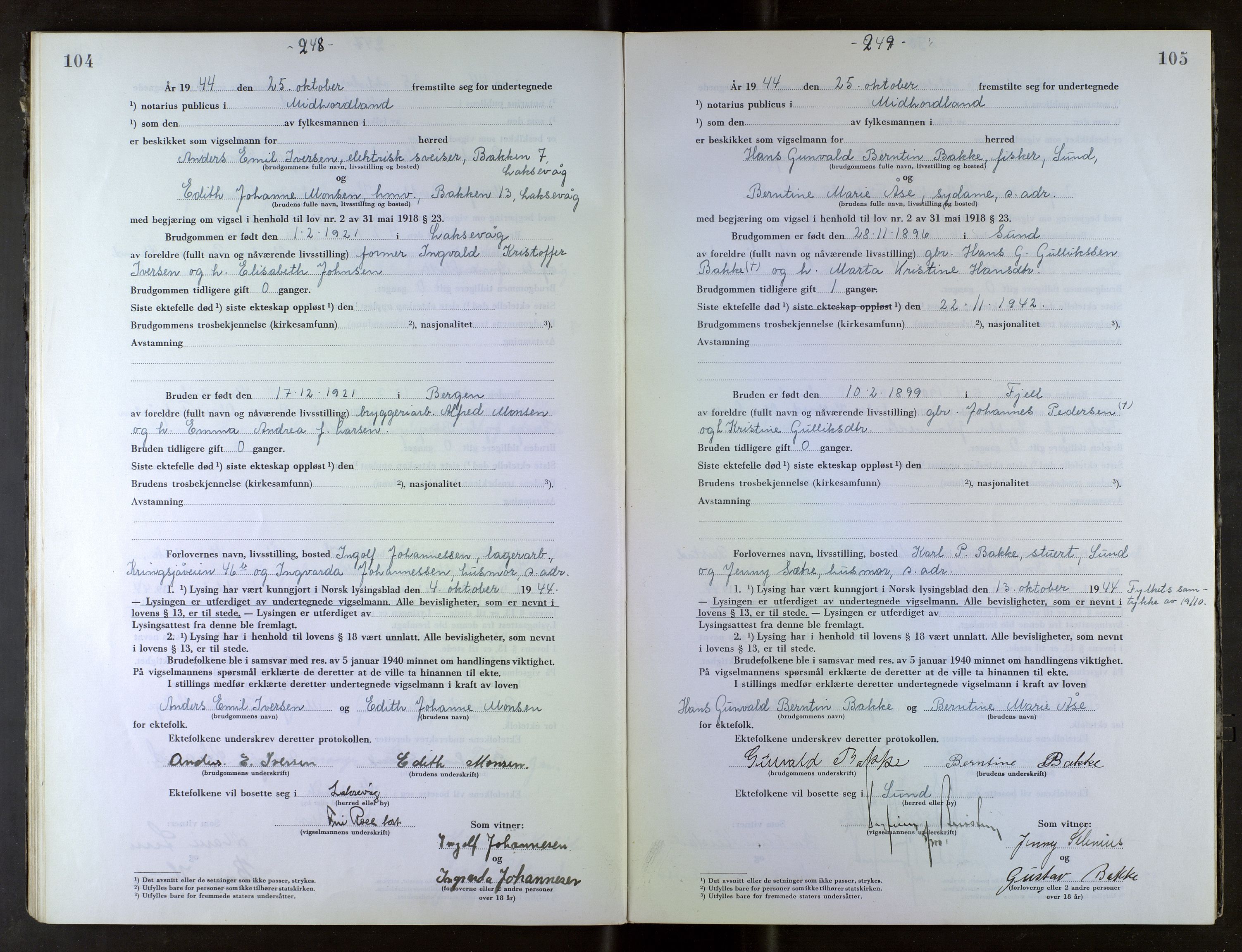 Midhordland sorenskriveri, AV/SAB-A-3001/1/M/Mc/Mca/L0006: Notarialbilag. Vigselbøker, 1944-1945, s. 104-105