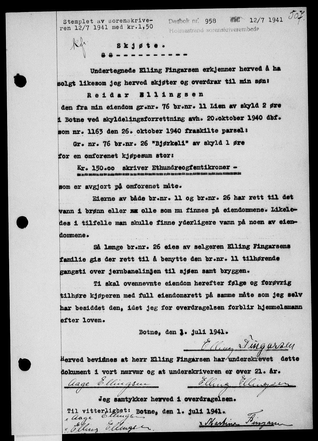Holmestrand sorenskriveri, SAKO/A-67/G/Ga/Gaa/L0053: Pantebok nr. A-53, 1941-1941, Dagboknr: 958/1941