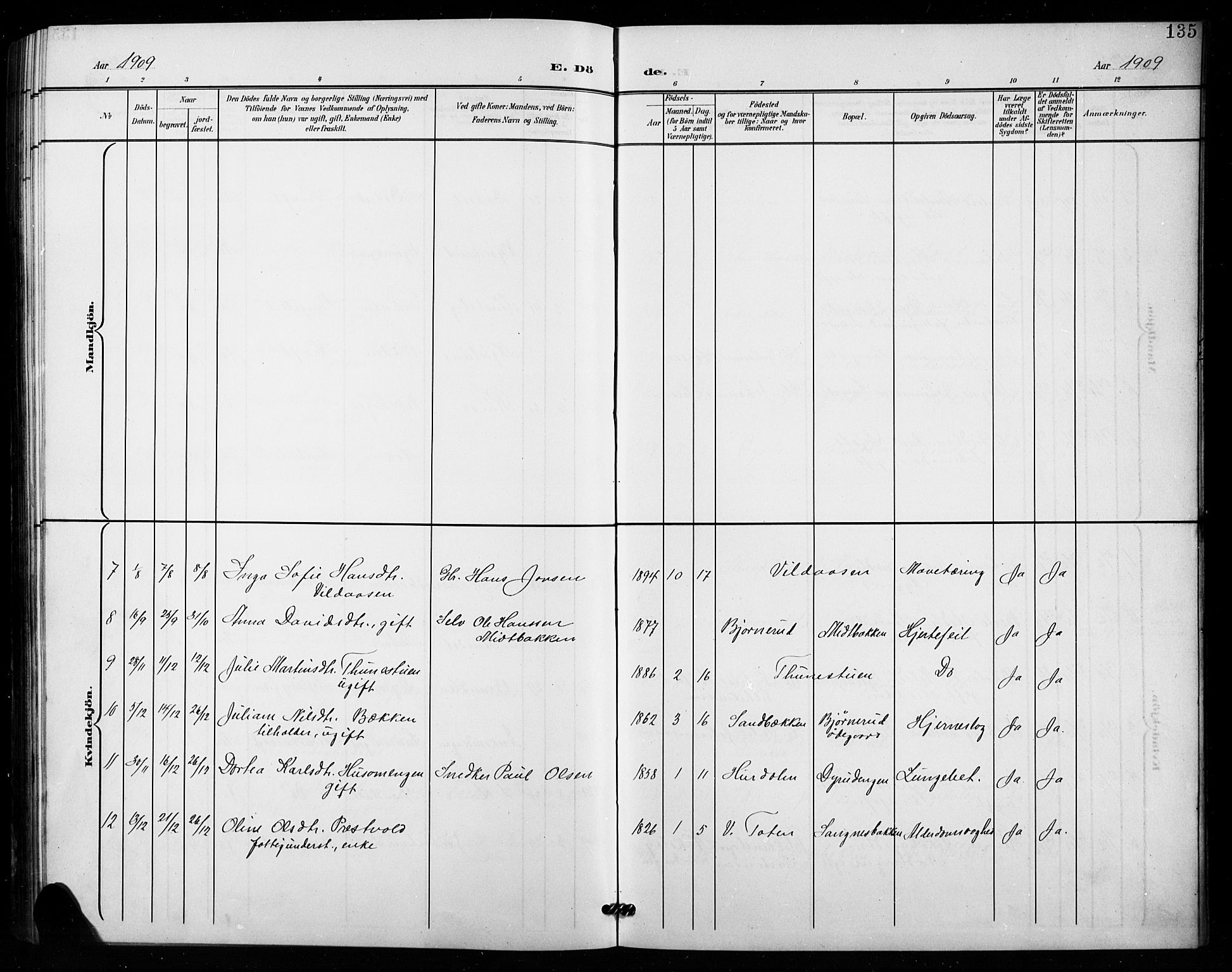Vestre Toten prestekontor, SAH/PREST-108/H/Ha/Hab/L0016: Klokkerbok nr. 16, 1901-1915, s. 135
