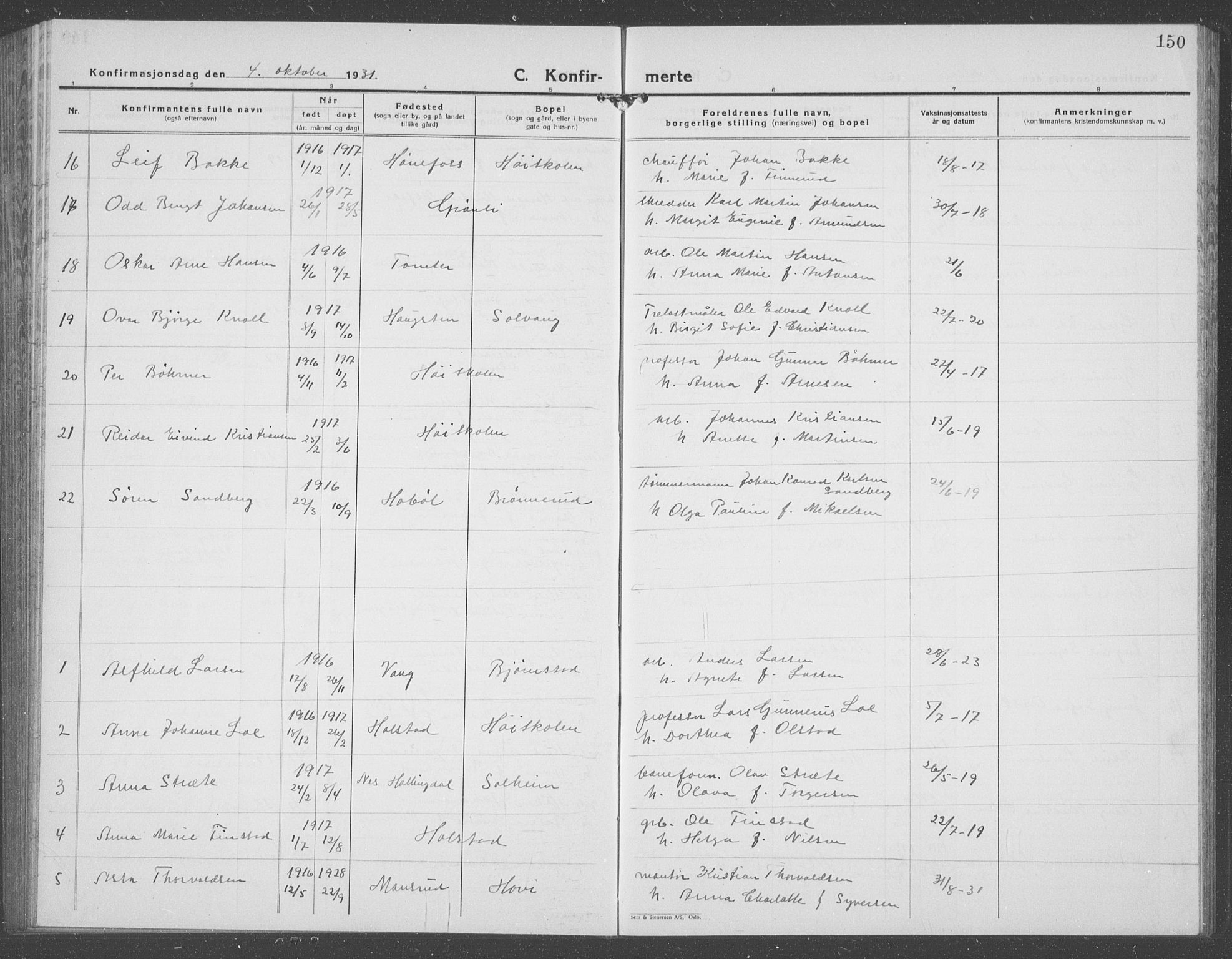 Ås prestekontor Kirkebøker, AV/SAO-A-10894/G/Ga/L0006: Klokkerbok nr. I 6, 1925-1940, s. 150