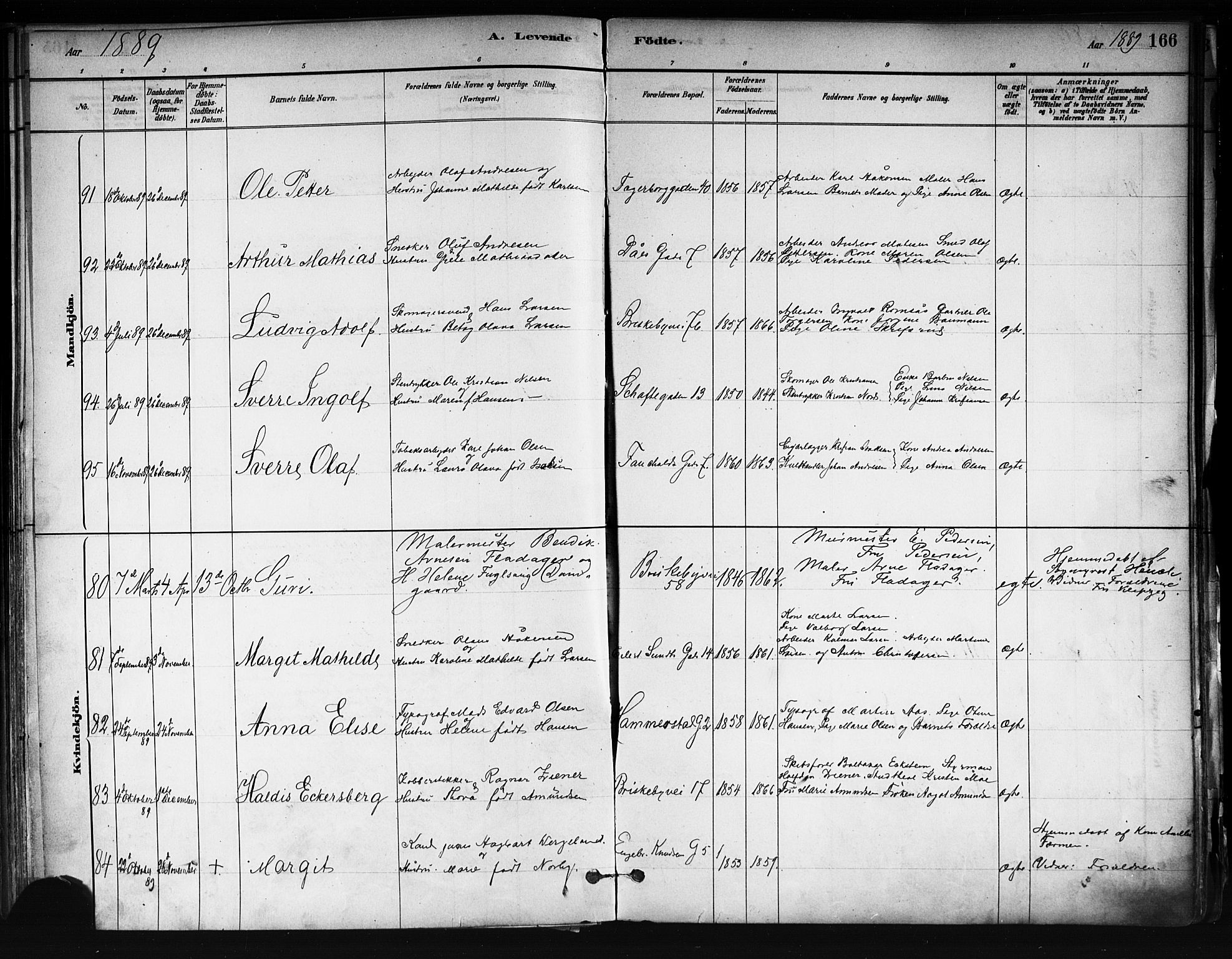 Uranienborg prestekontor Kirkebøker, AV/SAO-A-10877/F/Fa/L0001: Ministerialbok nr. I 1, 1880-1895, s. 166