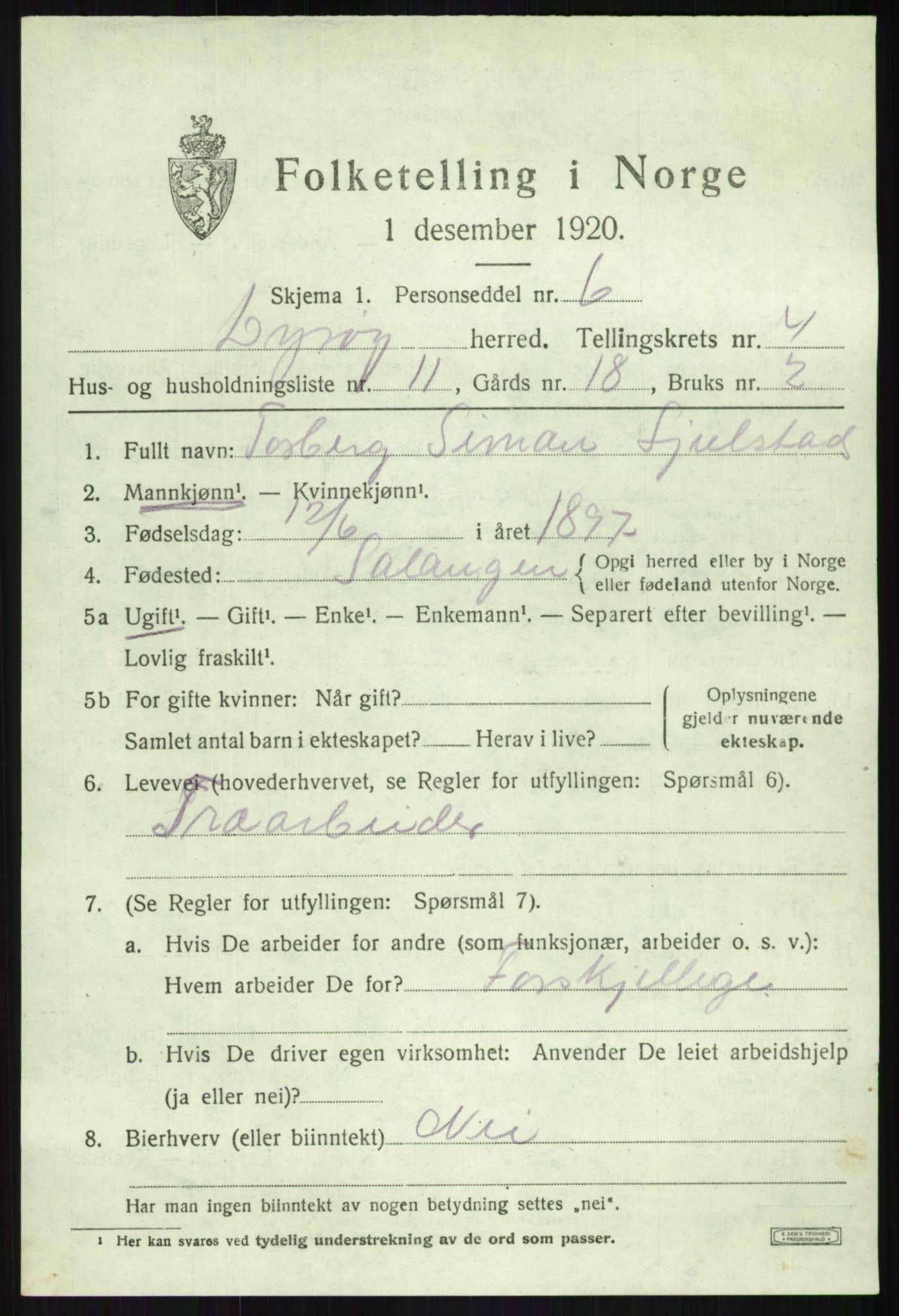 SATØ, Folketelling 1920 for 1926 Dyrøy herred, 1920, s. 2303