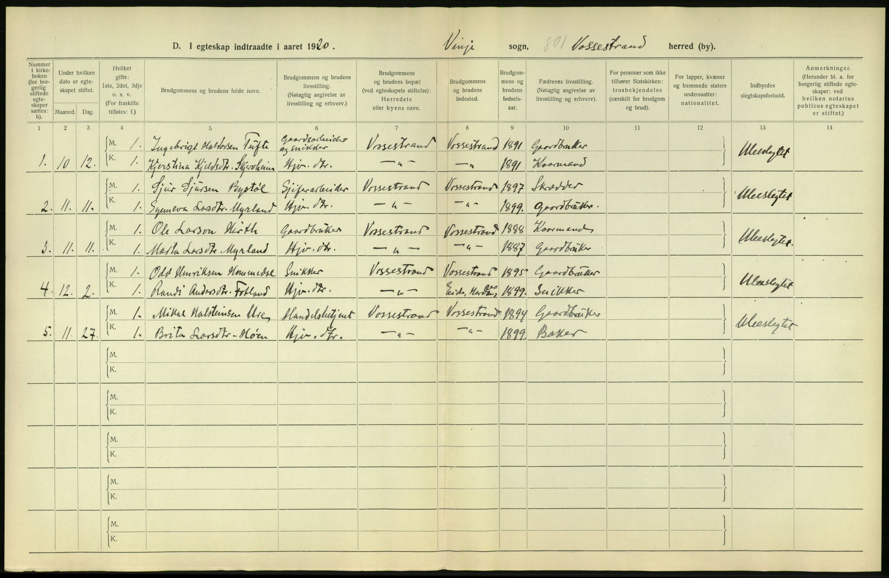 Statistisk sentralbyrå, Sosiodemografiske emner, Befolkning, AV/RA-S-2228/D/Df/Dfb/Dfbj/L0039: Hordaland fylke: Gifte, dødfødte. Bygder., 1920, s. 4