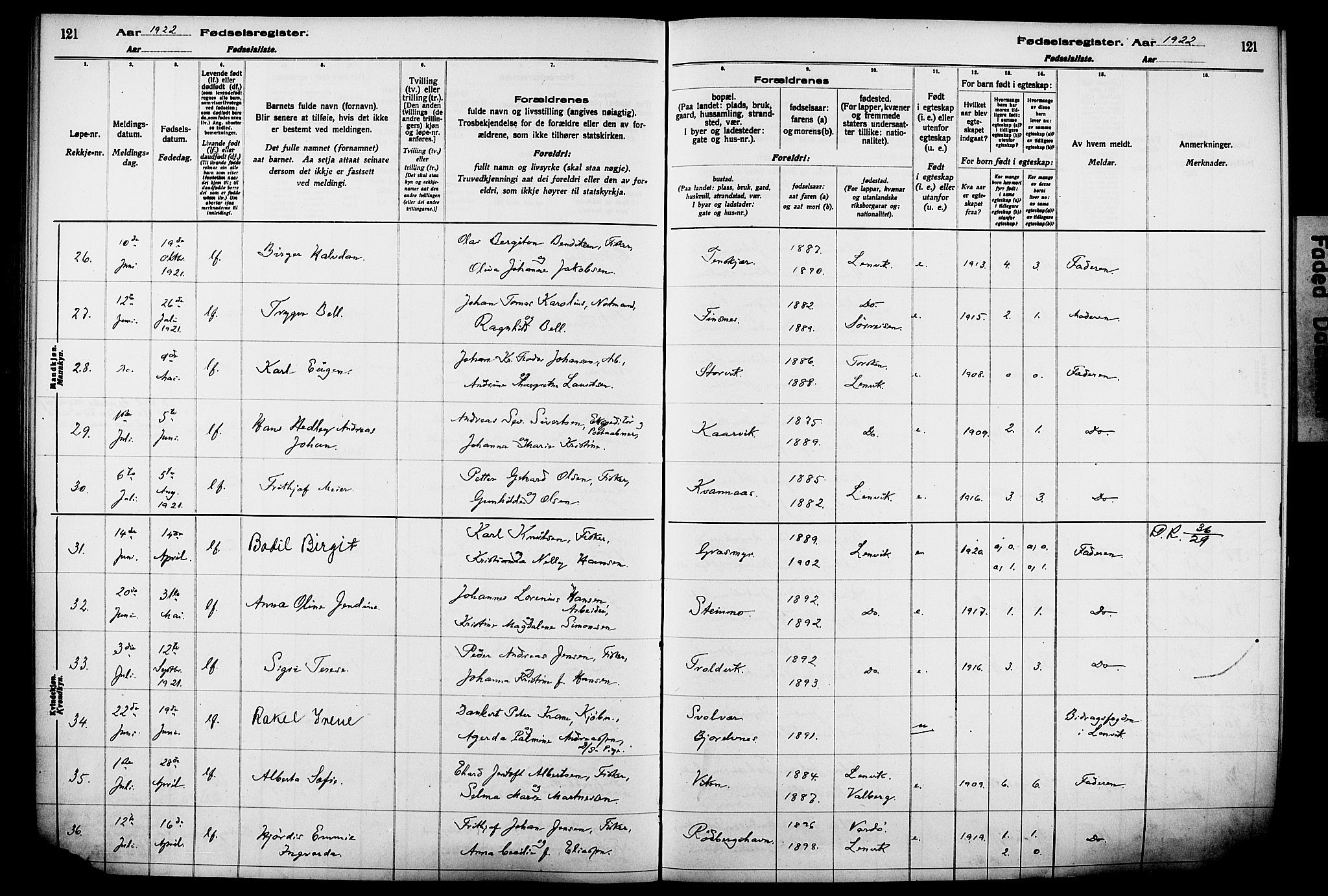 Lenvik sokneprestembete, AV/SATØ-S-1310/I/Ic/L0089: Fødselsregister nr. 89, 1916-1926, s. 121