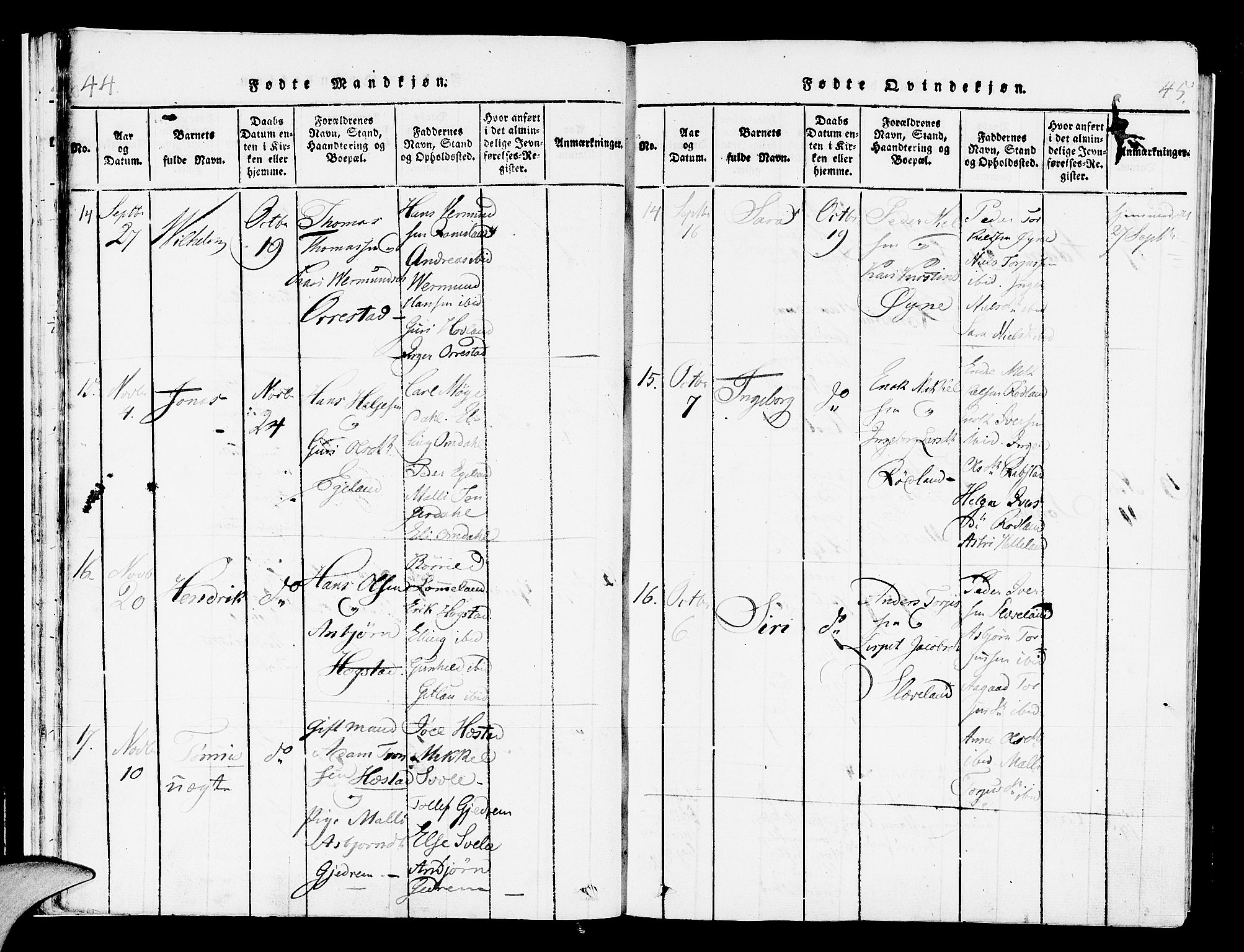 Helleland sokneprestkontor, AV/SAST-A-101810: Ministerialbok nr. A 4, 1815-1834, s. 44-45