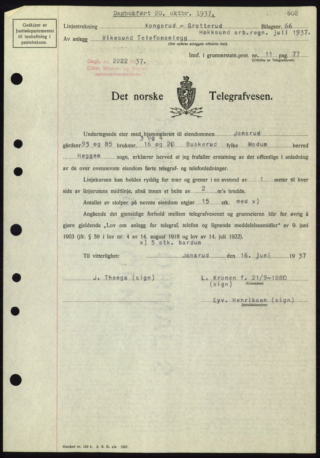 Eiker, Modum og Sigdal sorenskriveri, SAKO/A-123/G/Ga/Gab/L0036: Pantebok nr. A6, 1937-1937, Dagboknr: 2222/1937