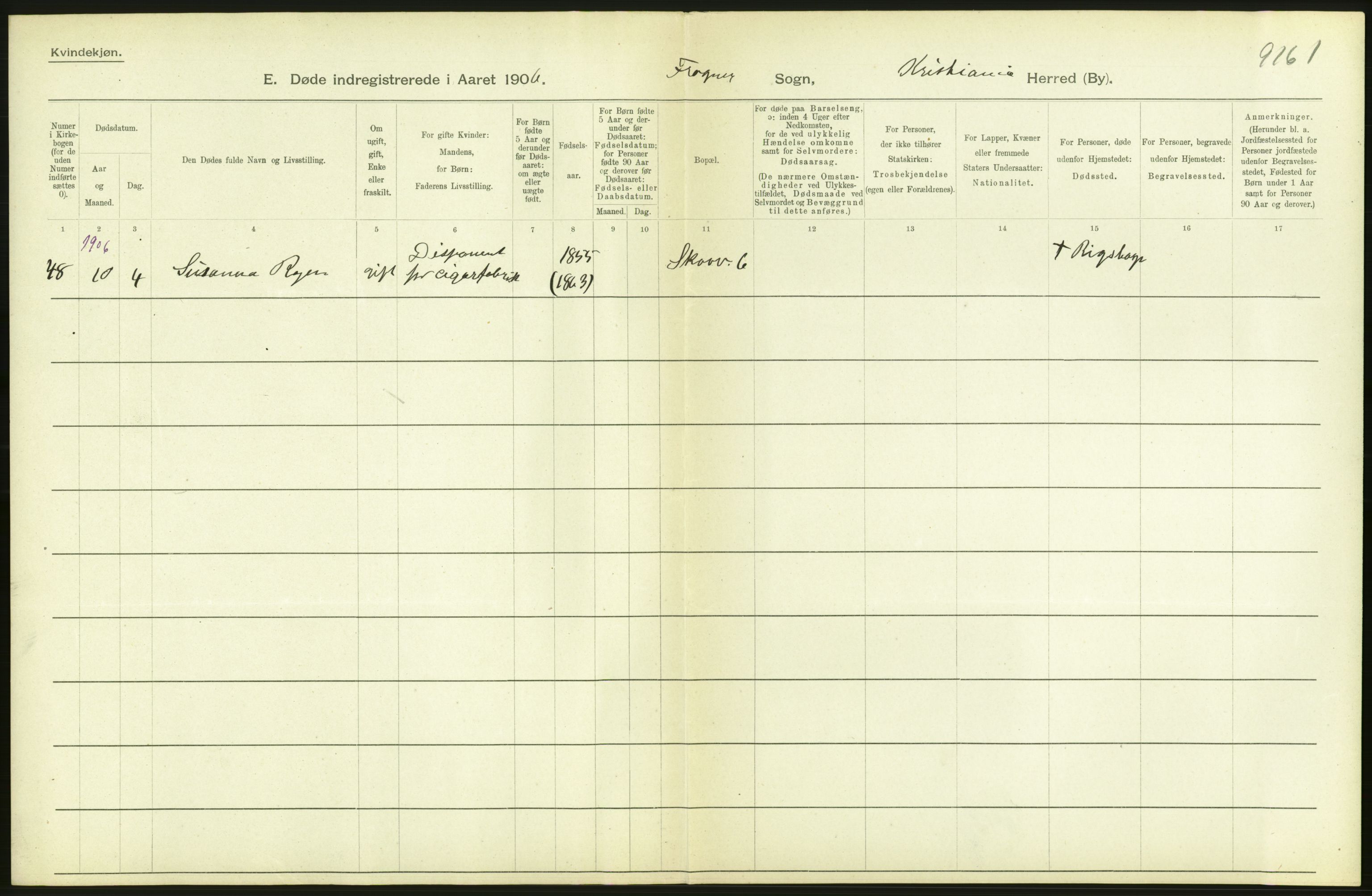 Statistisk sentralbyrå, Sosiodemografiske emner, Befolkning, RA/S-2228/D/Df/Dfa/Dfad/L0009: Kristiania: Døde, 1906, s. 440