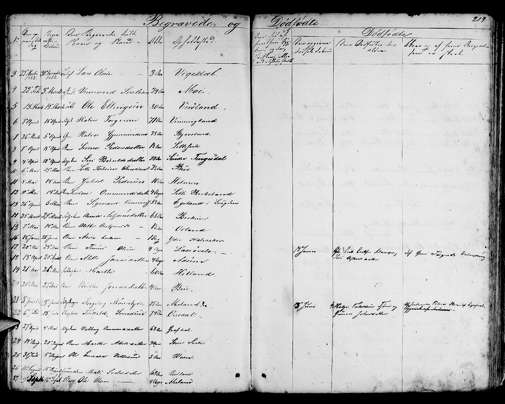 Helleland sokneprestkontor, AV/SAST-A-101810: Klokkerbok nr. B 3, 1847-1886, s. 219
