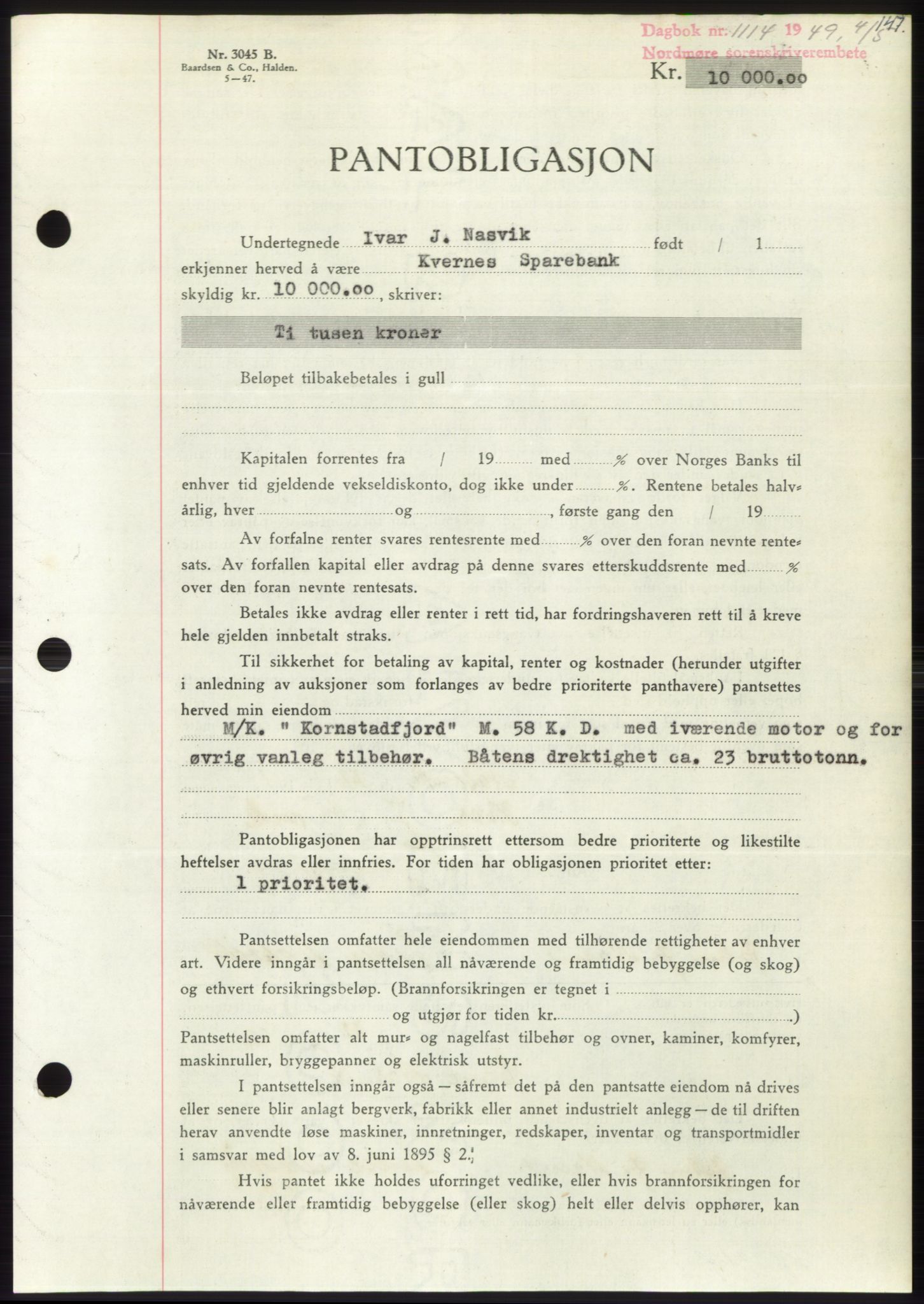 Nordmøre sorenskriveri, AV/SAT-A-4132/1/2/2Ca: Pantebok nr. B101, 1949-1949, Dagboknr: 1114/1949