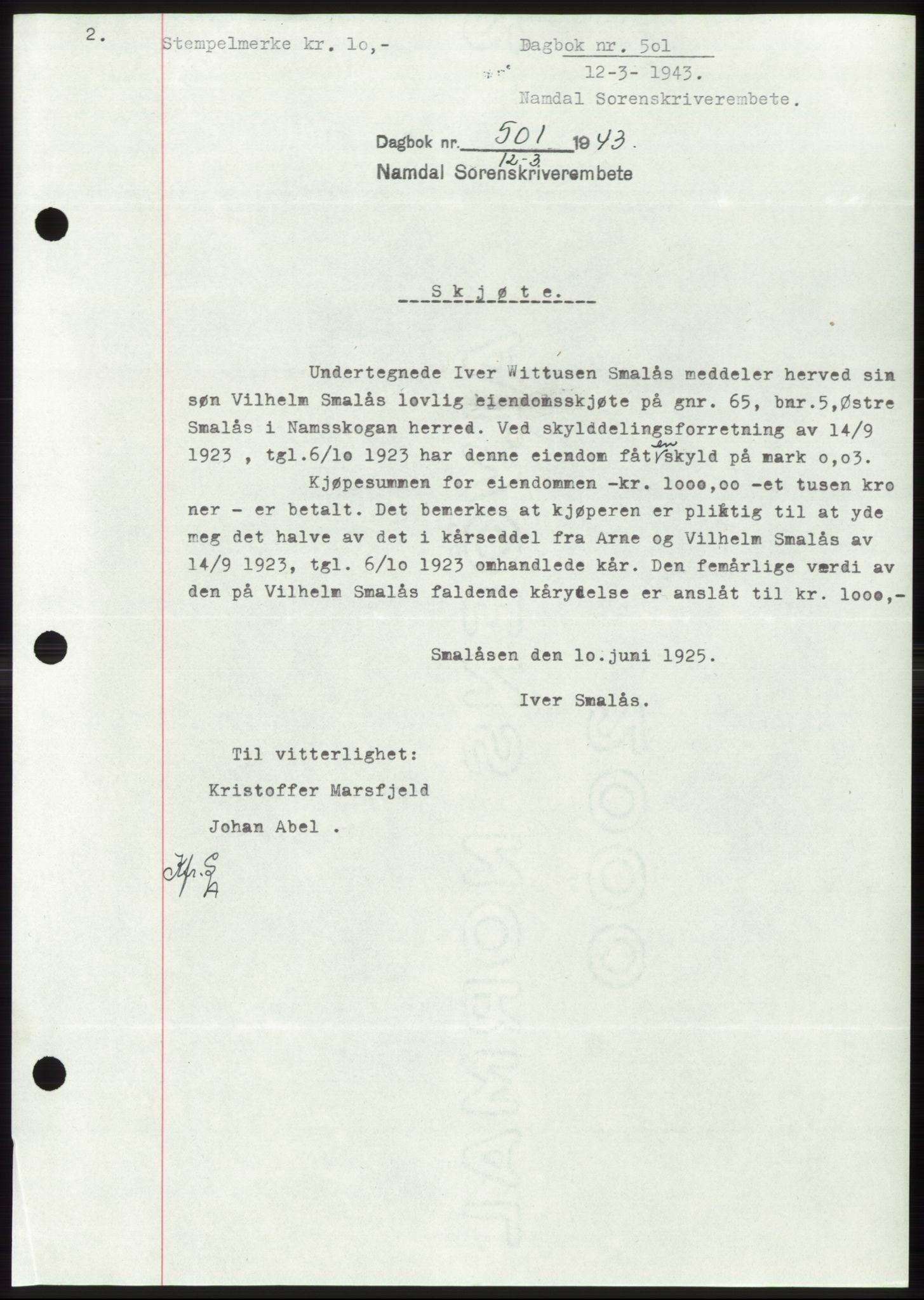 Namdal sorenskriveri, SAT/A-4133/1/2/2C: Pantebok nr. -, 1942-1943, Dagboknr: 501/1943