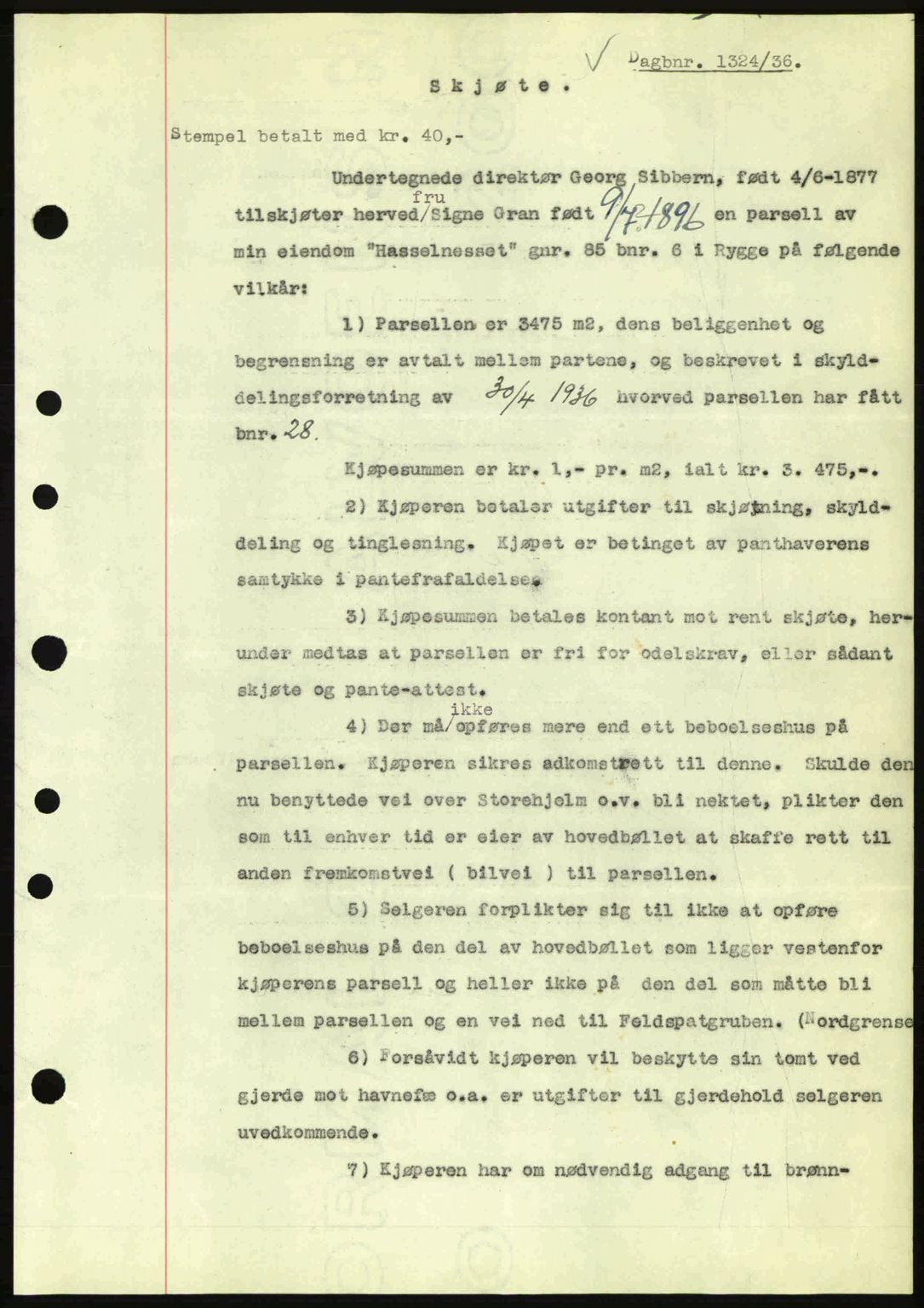 Moss sorenskriveri, SAO/A-10168: Pantebok nr. A1, 1936-1936, Dagboknr: 1324/1936