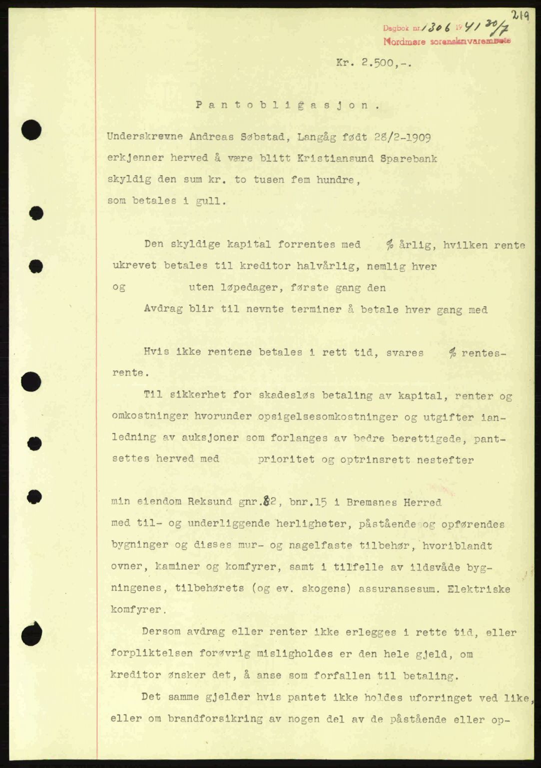 Nordmøre sorenskriveri, SAT/A-4132/1/2/2Ca: Pantebok nr. B88, 1941-1942, Dagboknr: 1306/1941
