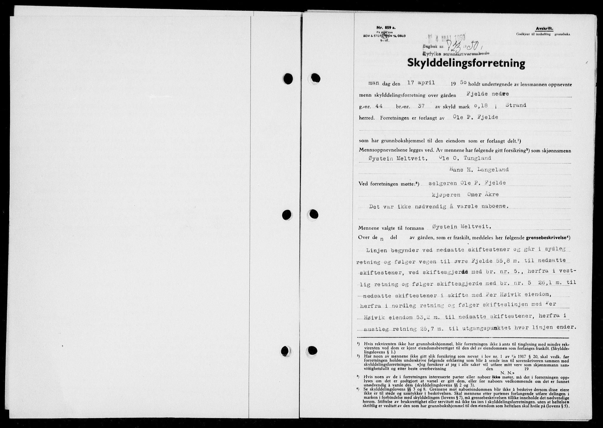 Ryfylke tingrett, SAST/A-100055/001/II/IIB/L0109: Pantebok nr. 88, 1950-1950, Dagboknr: 723/1950