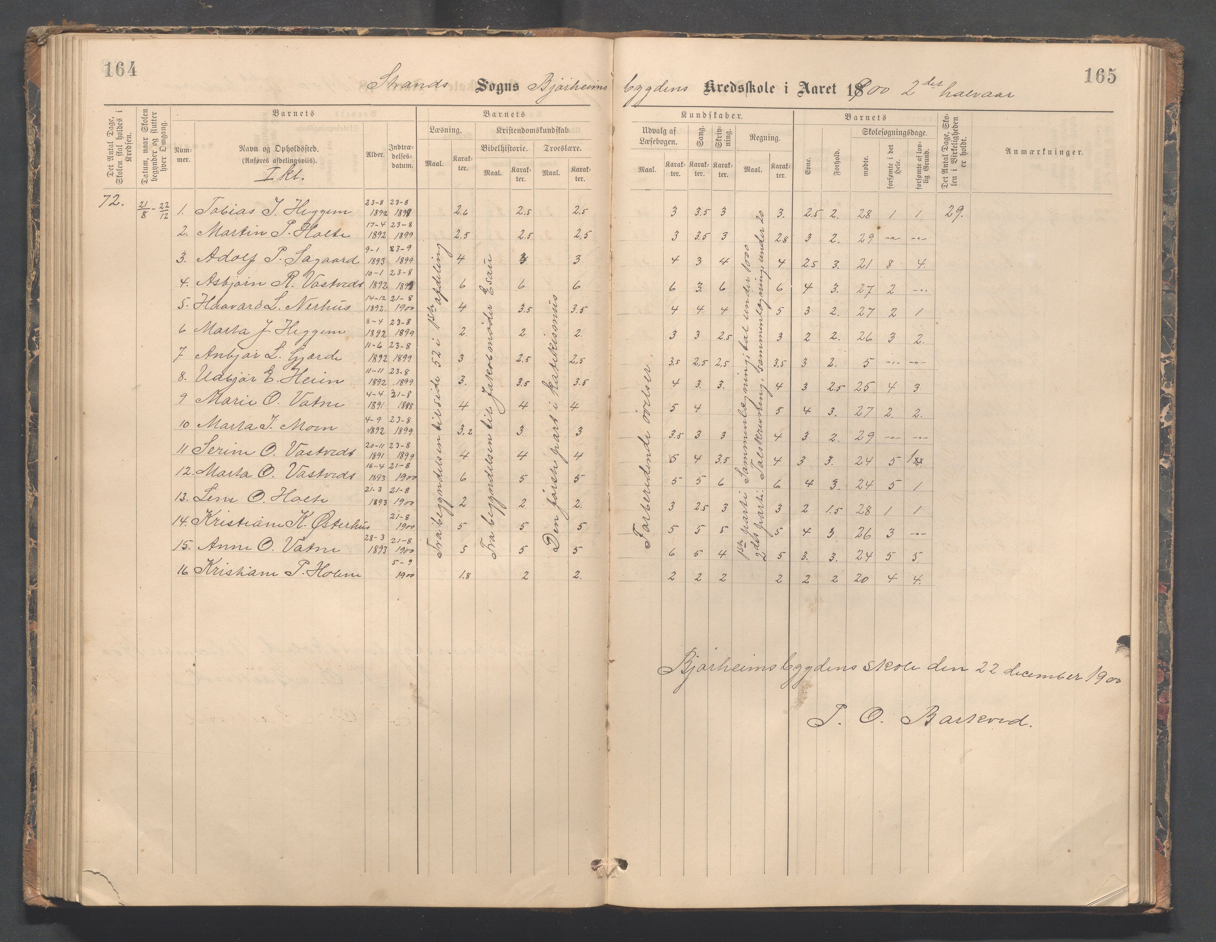 Strand kommune - Bjørheimsbygd skole, IKAR/A-147/H/L0002: Skoleprotokoll for Bjørheimsbygd og Lekvam krets, 1891-1907, s. 164-165