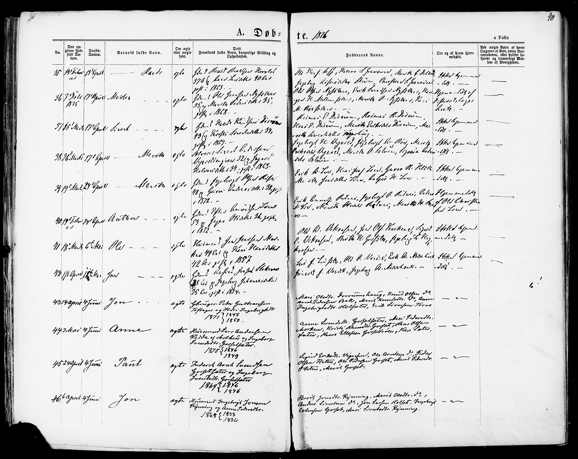 Ministerialprotokoller, klokkerbøker og fødselsregistre - Sør-Trøndelag, AV/SAT-A-1456/678/L0900: Ministerialbok nr. 678A09, 1872-1881, s. 40