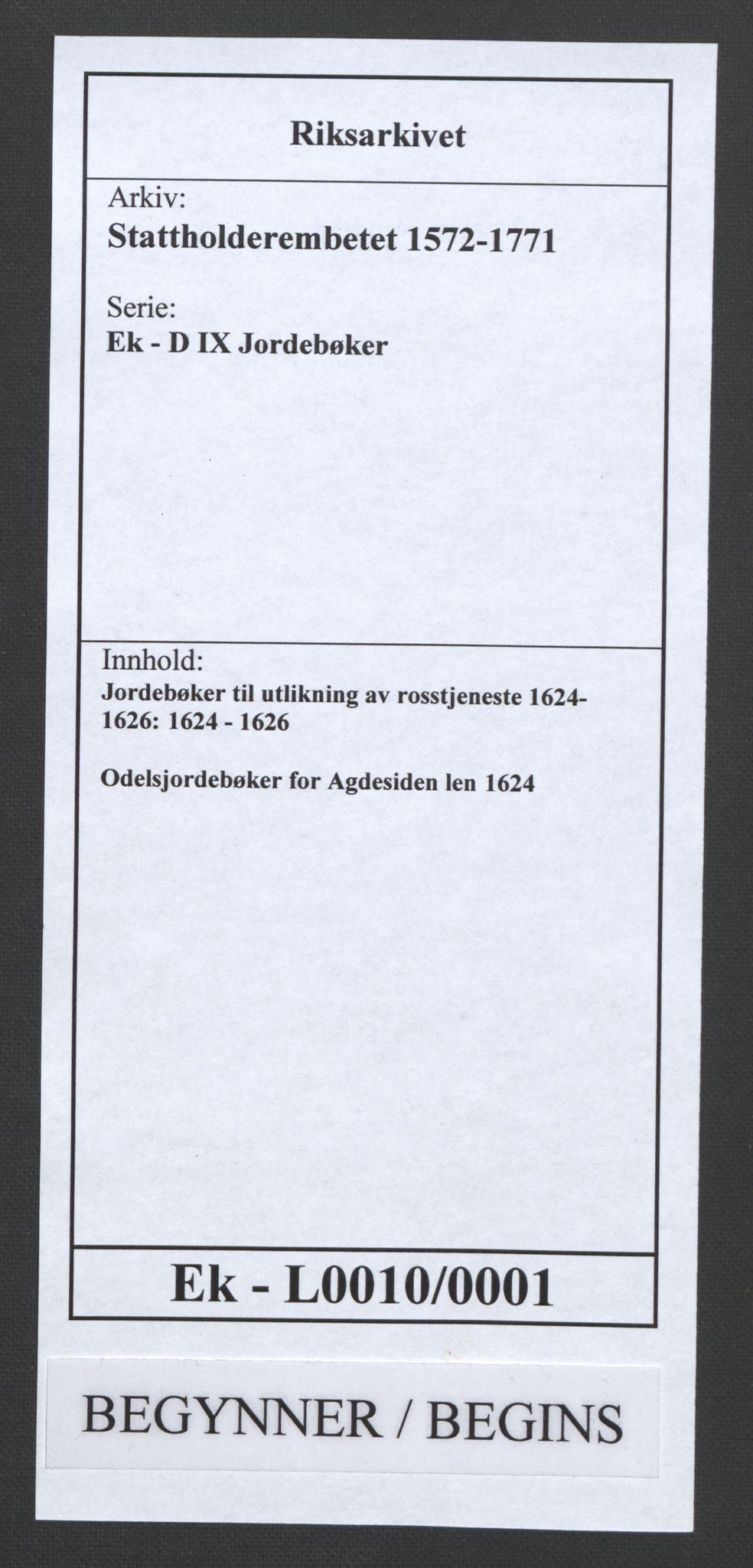 Stattholderembetet 1572-1771, RA/EA-2870/Ek/L0010/0001: Jordebøker til utlikning av rosstjeneste 1624-1626: / Odelsjordebøker for Agdesiden len, 1624, s. 1