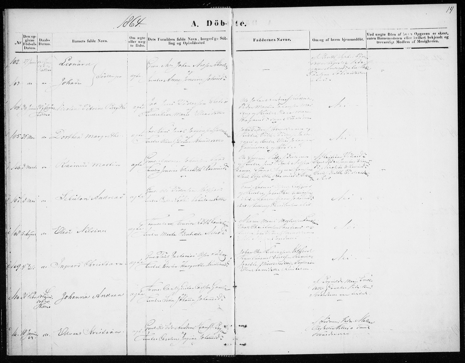 Lenvik sokneprestembete, SATØ/S-1310/H/Ha/Haa/L0008kirke: Ministerialbok nr. 8, 1864-1865, s. 14