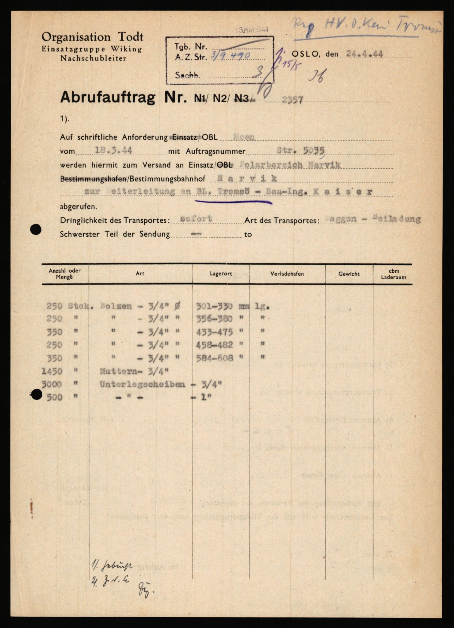 Tyske arkiver, Organisation Todt (OT), Einsatzgruppe Wiking, AV/RA-RAFA-2188/1/E/E6/E6c/L0007: Nachschub: Arkivkode 9451-9490, 1940-1945, s. 620