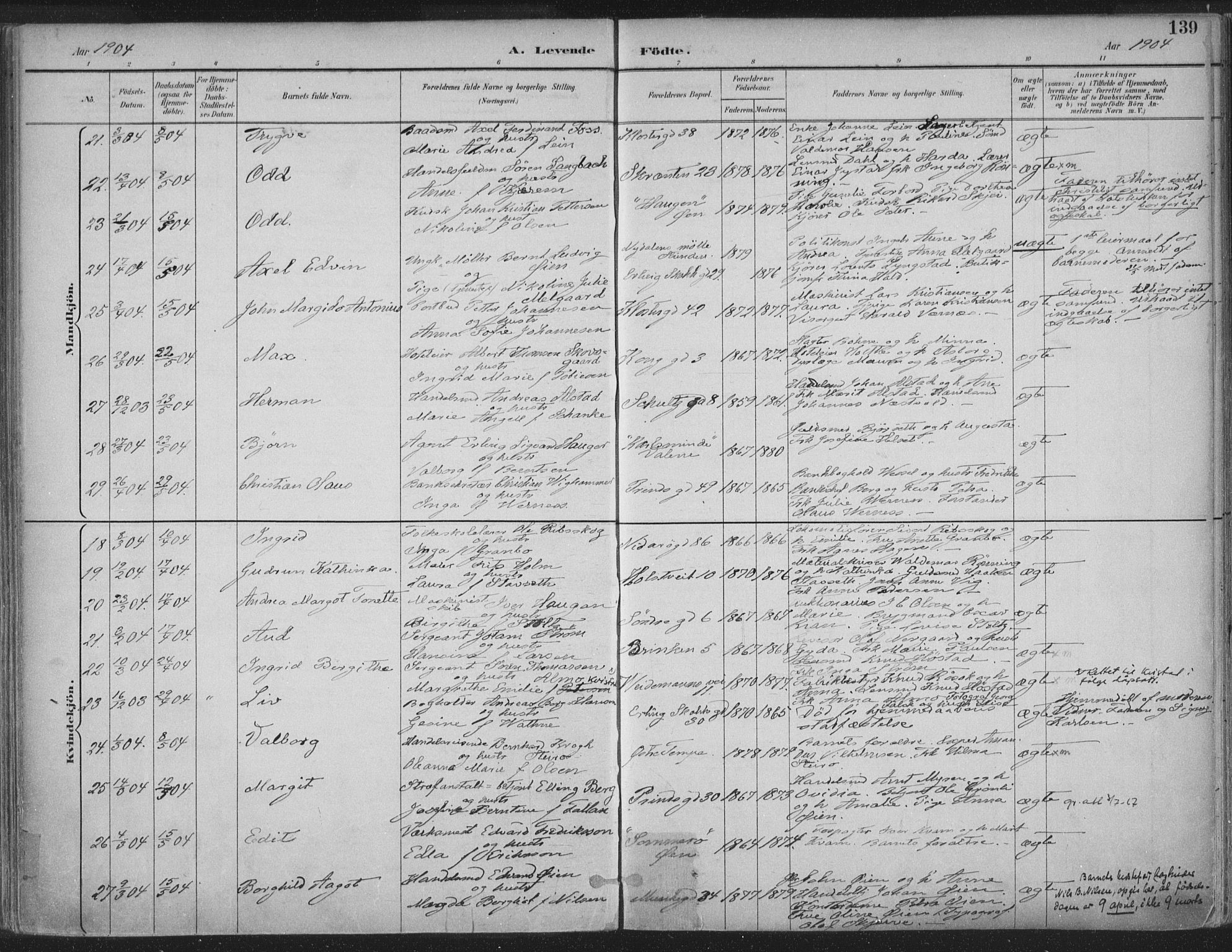 Ministerialprotokoller, klokkerbøker og fødselsregistre - Sør-Trøndelag, SAT/A-1456/601/L0062: Ministerialbok nr. 601A30, 1891-1911, s. 139